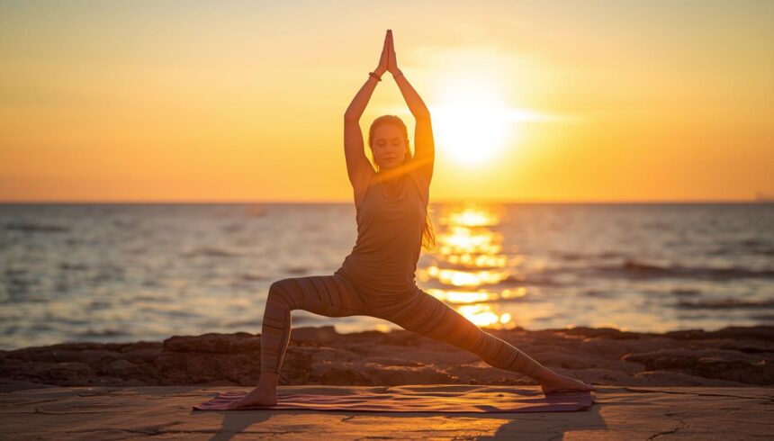 Chica practicando yoga con mar de fondo fotografia realista alta calidad