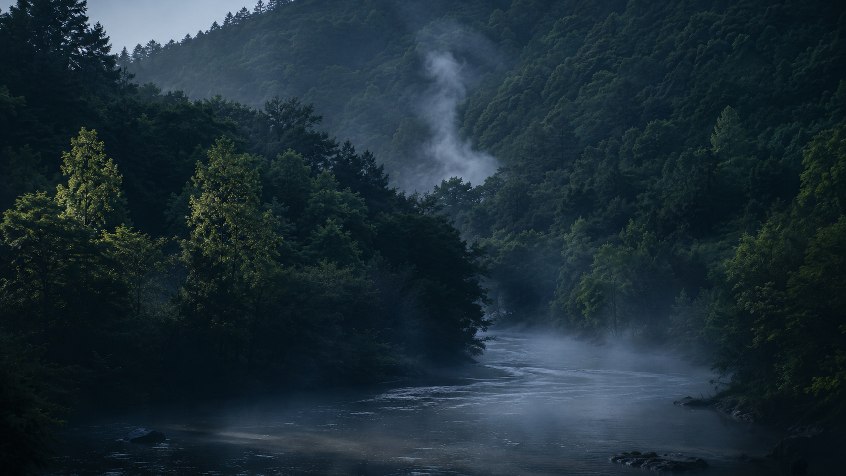 Valle fluvial de Galicia al amanecer con una columna de vapor entre el bosque