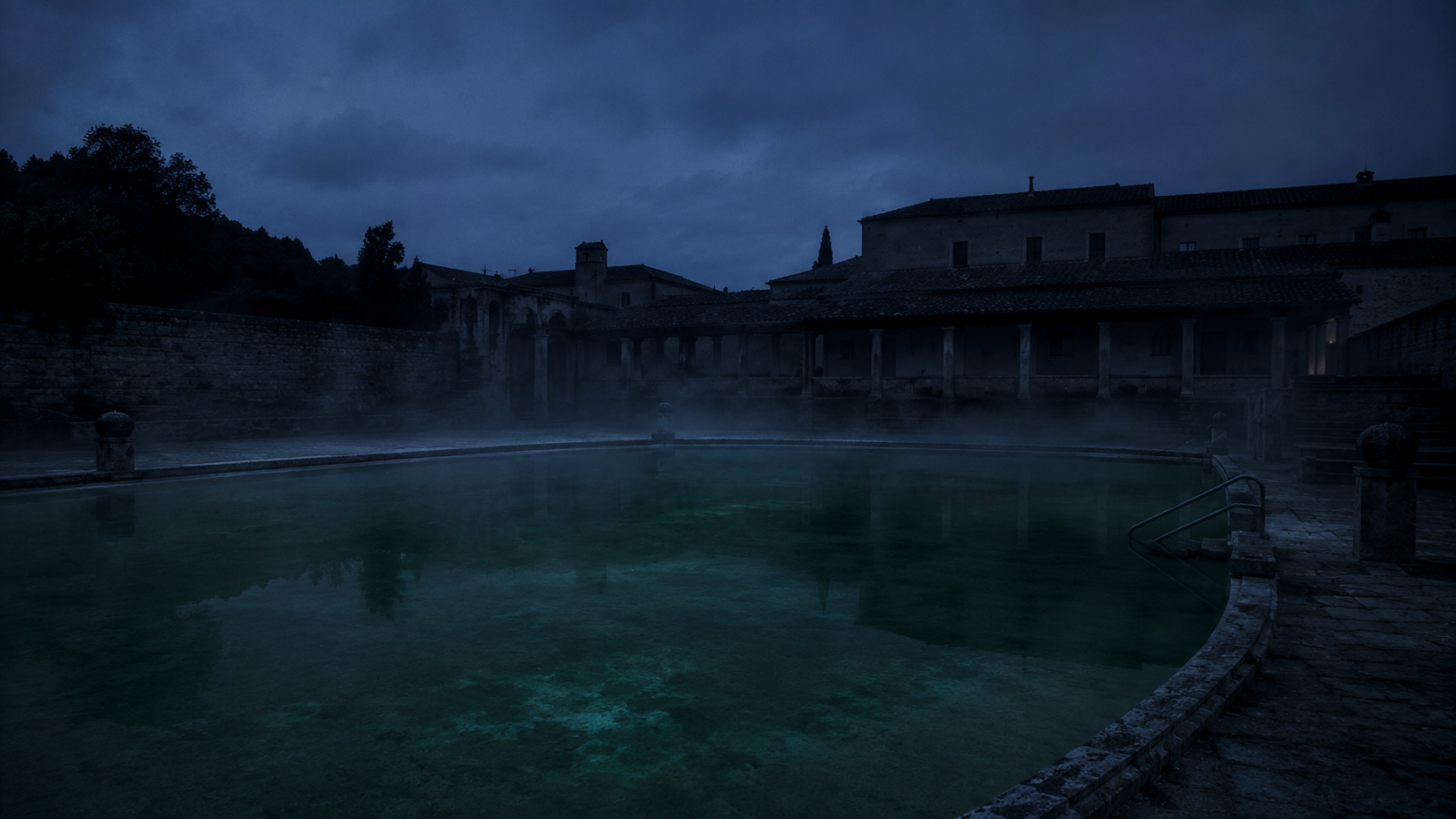 Piscina de agua termal con vapor en un balneario cerca de Madrid a la hora azul