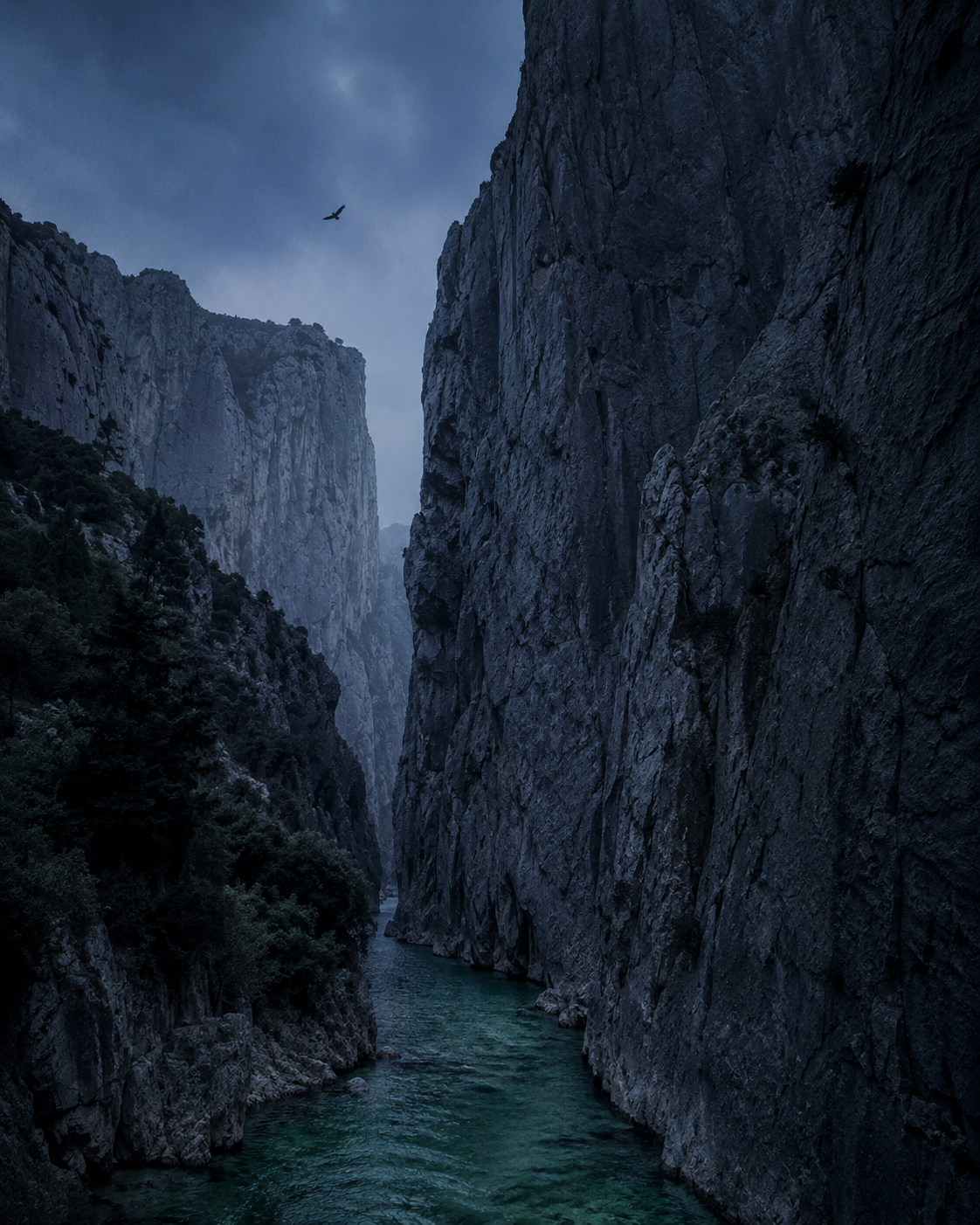 Cañón del río Mesa con paredes calizas verticales y agua al fondo a la hora azul