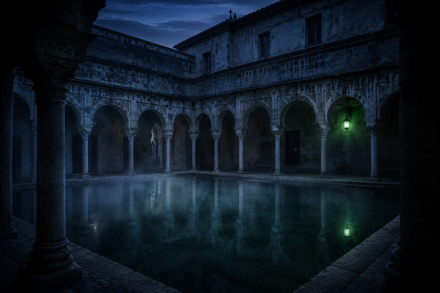 Patio interior de un balneario histórico andaluz con galería de arcos y agua templada a la hora azul