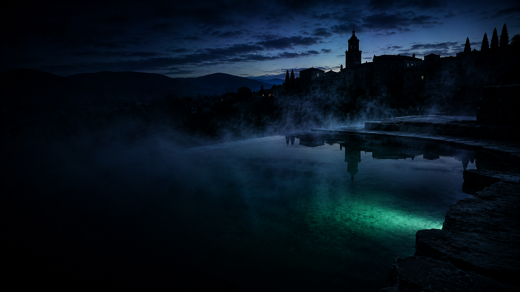 Poza de agua termal con vapor y la silueta de un pueblo catalán a la hora azul