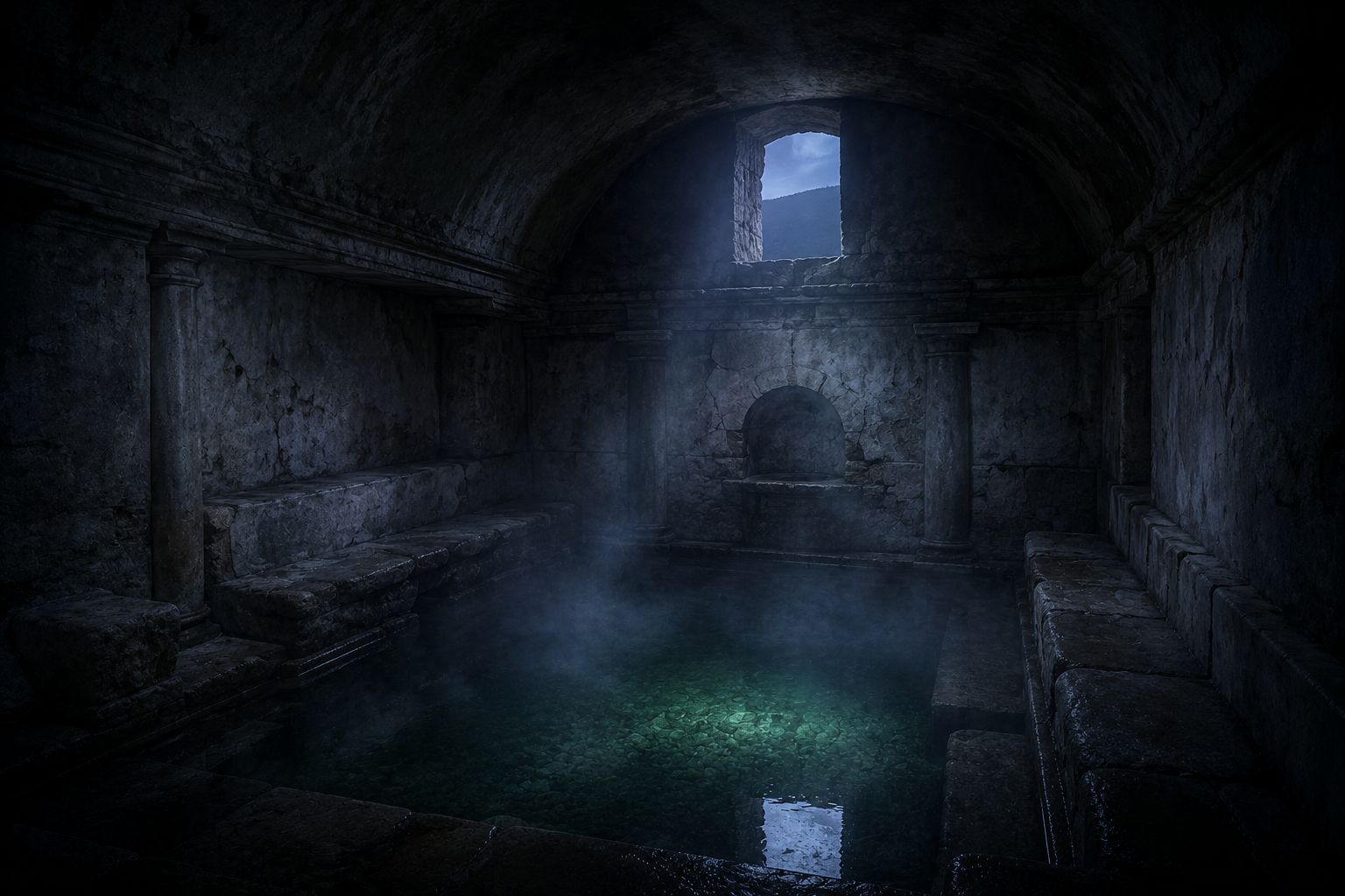 Sala de sauna romana de piedra con bóveda baja y vapor a la hora azul