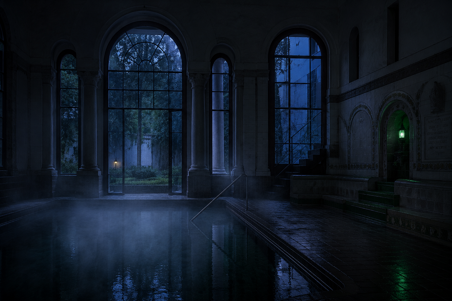 Galería de baños modernista con jardín al fondo y vapor sobre el agua a la hora azul