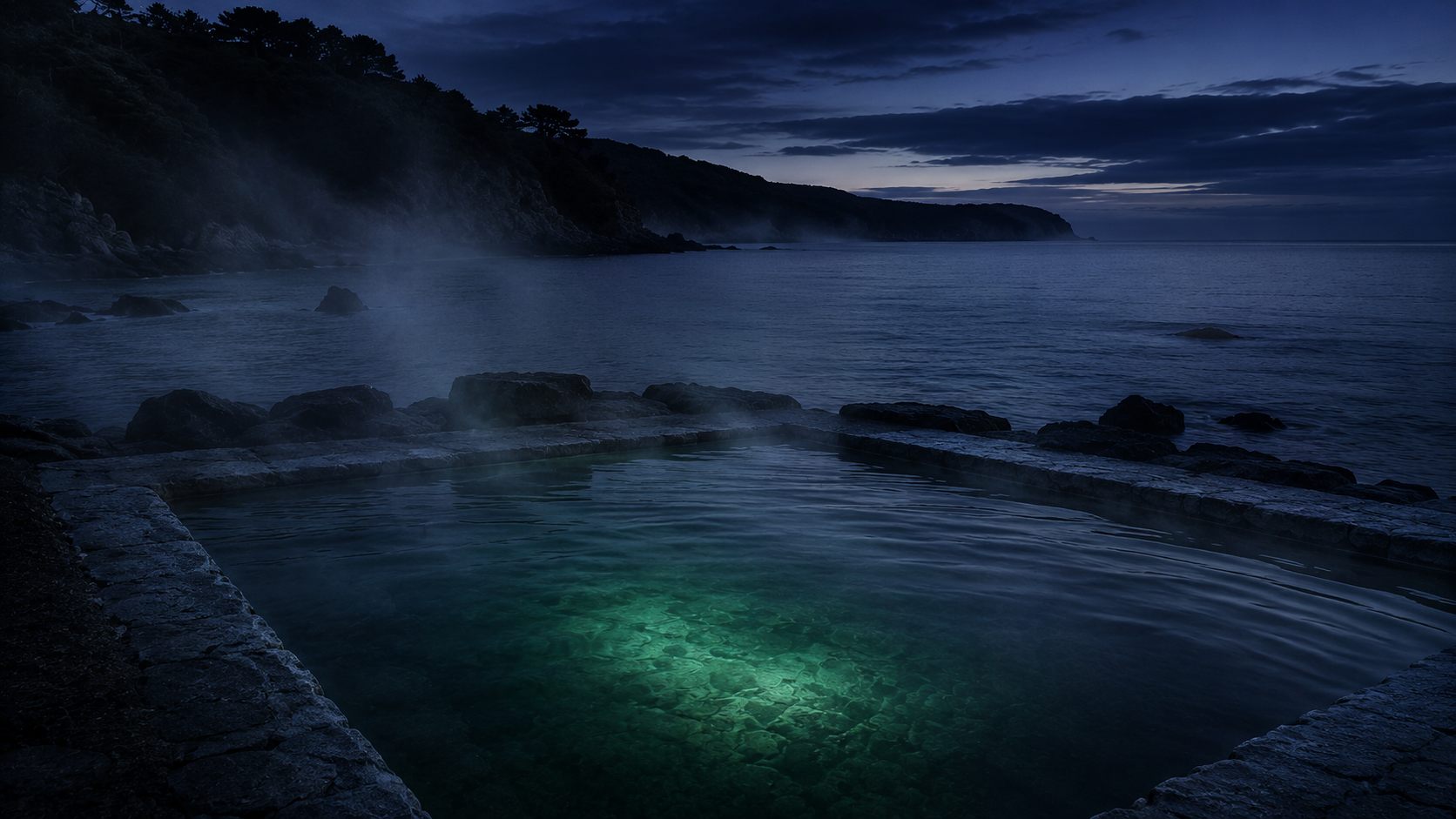 Piscina termal exterior humeando junto a la orilla del Mediterráneo a la hora azul