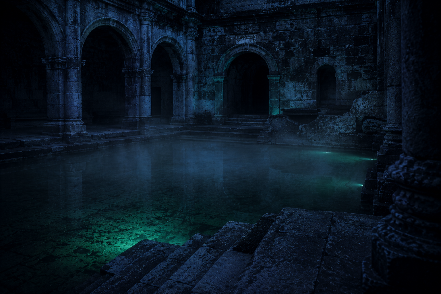 Antigua piscina termal romana de piedra con vapor sobre el agua a la hora azul