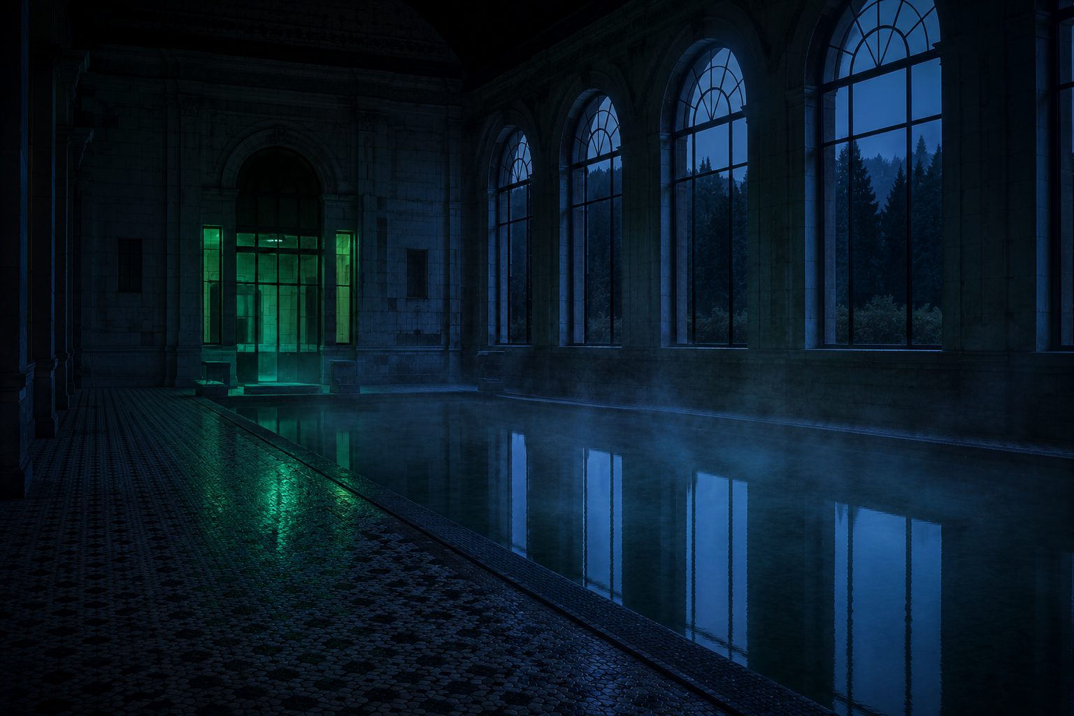 Galería de baños modernista con suelos de baldosa y arcos, vapor sobre el agua a la hora azul