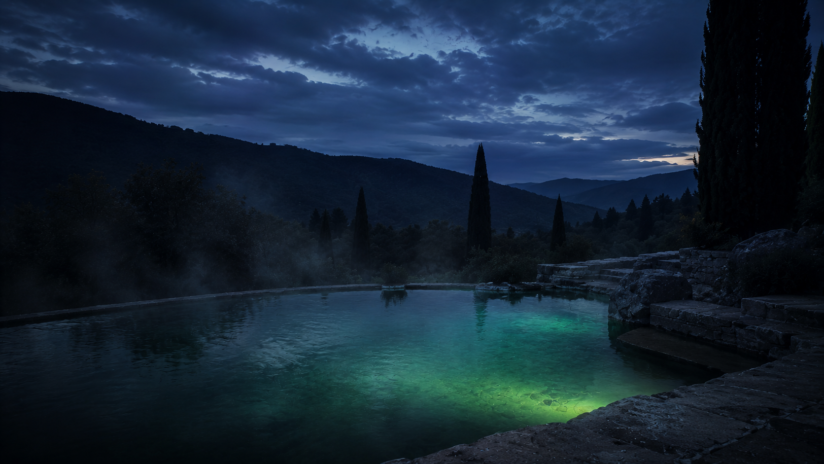 Piscina termal exterior humeando al anochecer en la campiña cerca de Girona