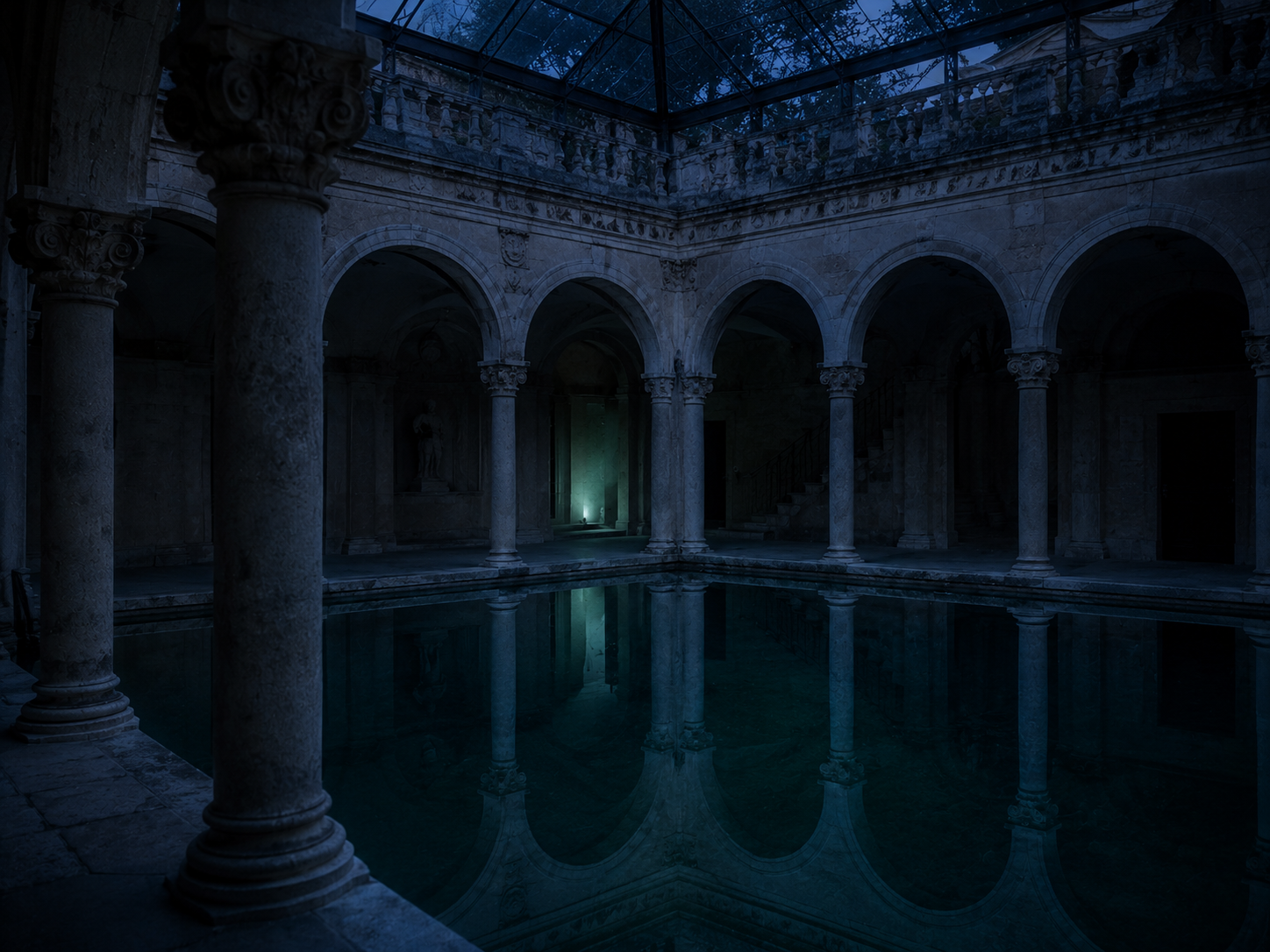 Patio renacentista de columnas con una poza termal reflejando los arcos a la hora azul