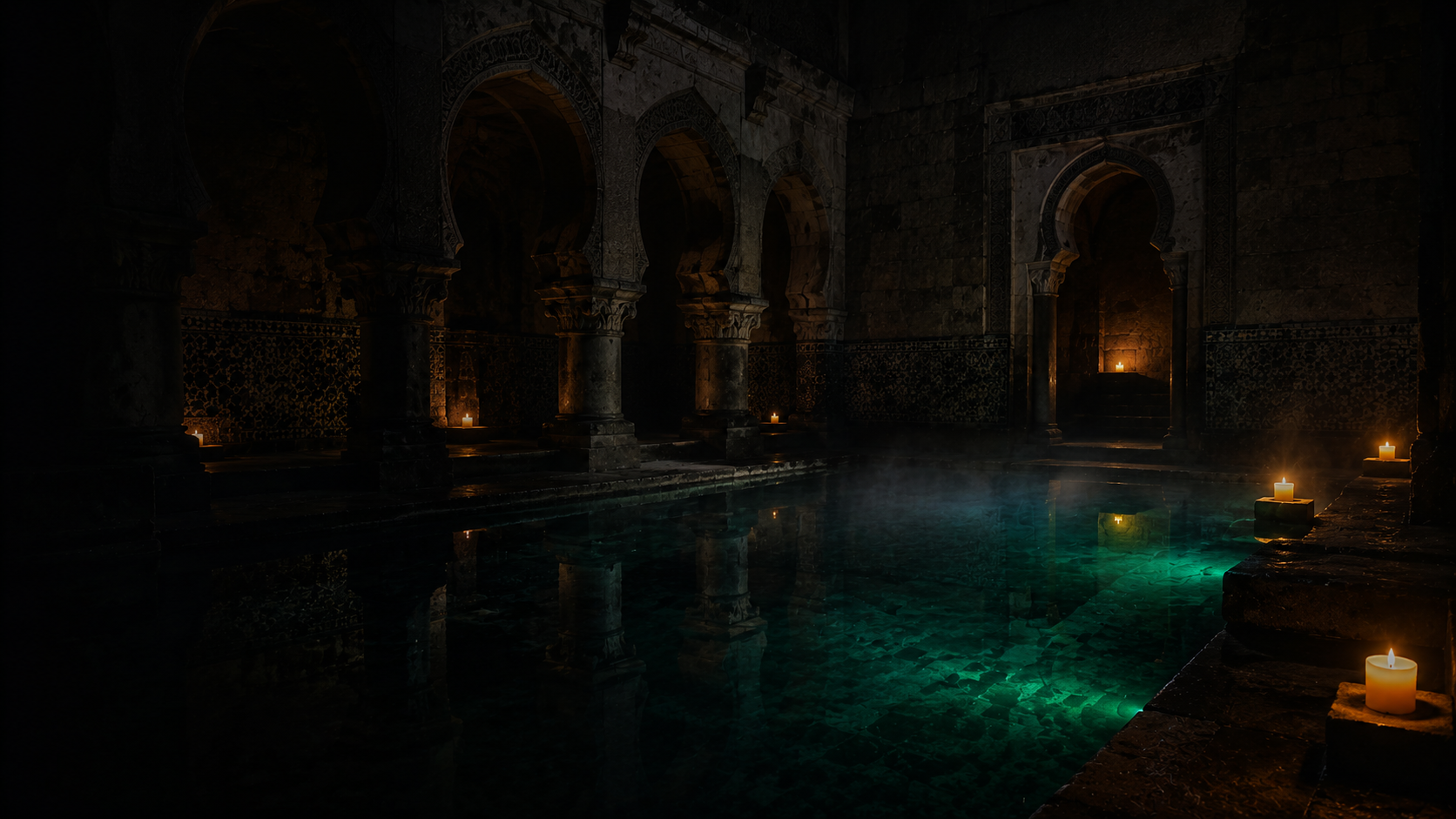 Baño árabe a la luz de las velas con arcos de piedra reflejados en el agua termal