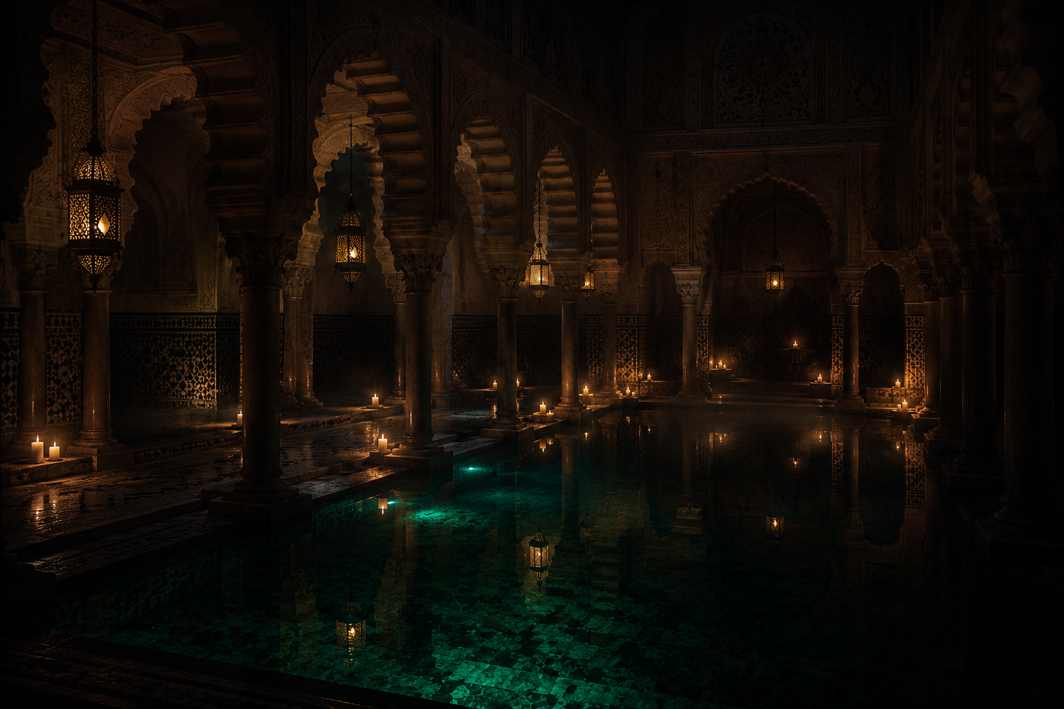 Sala de baño árabe con arcos de herradura y faroles reflejados en el agua a la luz de las velas