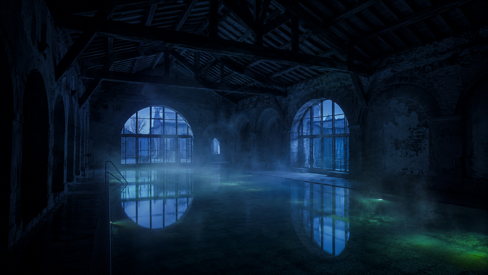 Piscina termal dentro de un edificio histórico de diseño a la hora azul