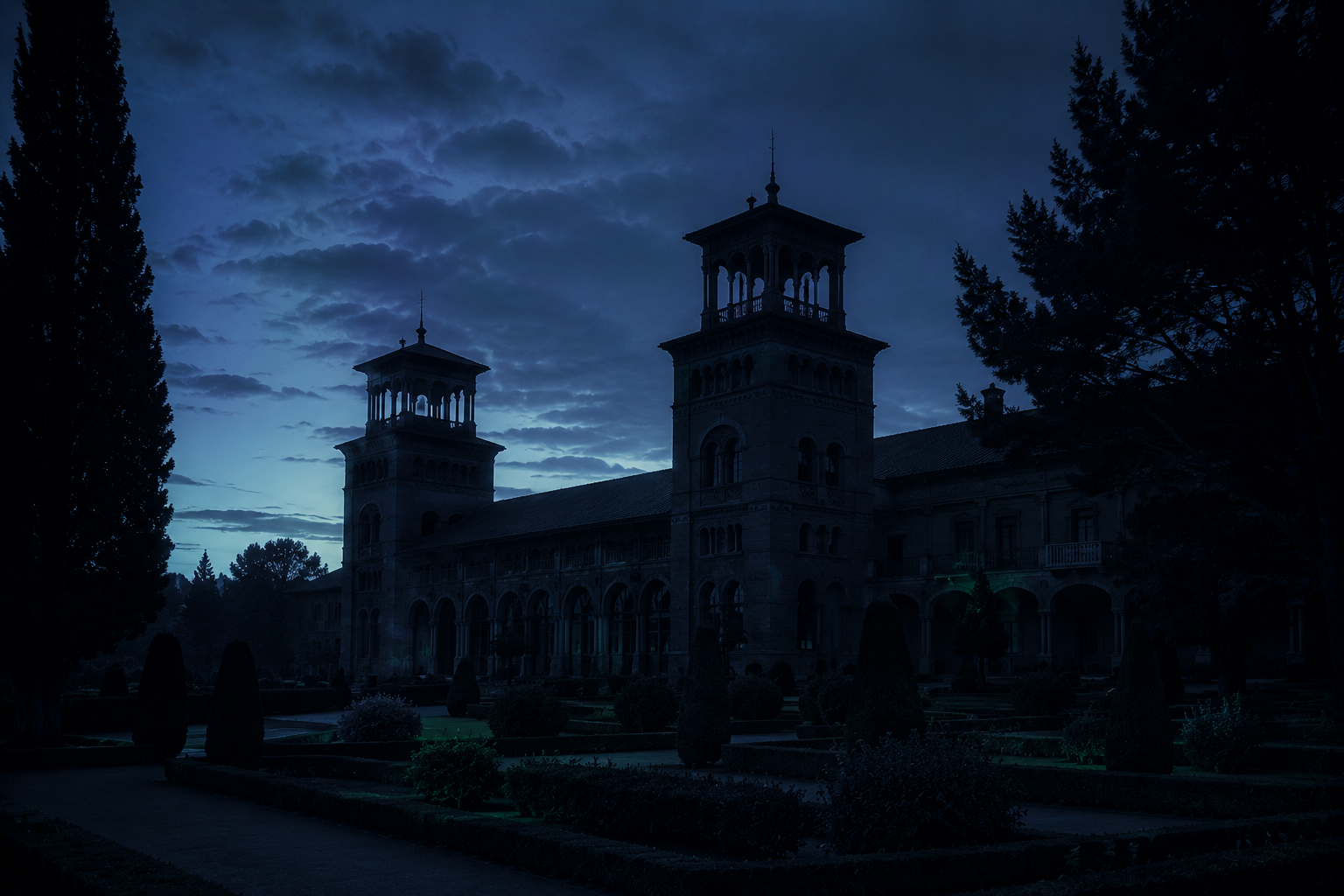 Fachada modernista neomudéjar de un balneario con torres y jardines a la hora azul