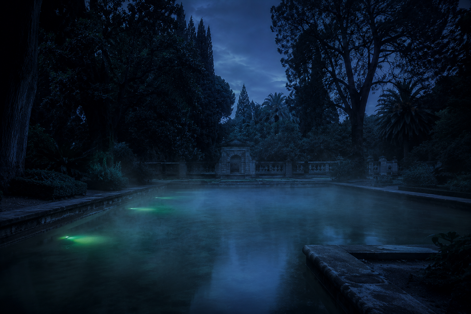 Piscina termal dentro de un jardín botánico histórico con árboles centenarios a la hora azul