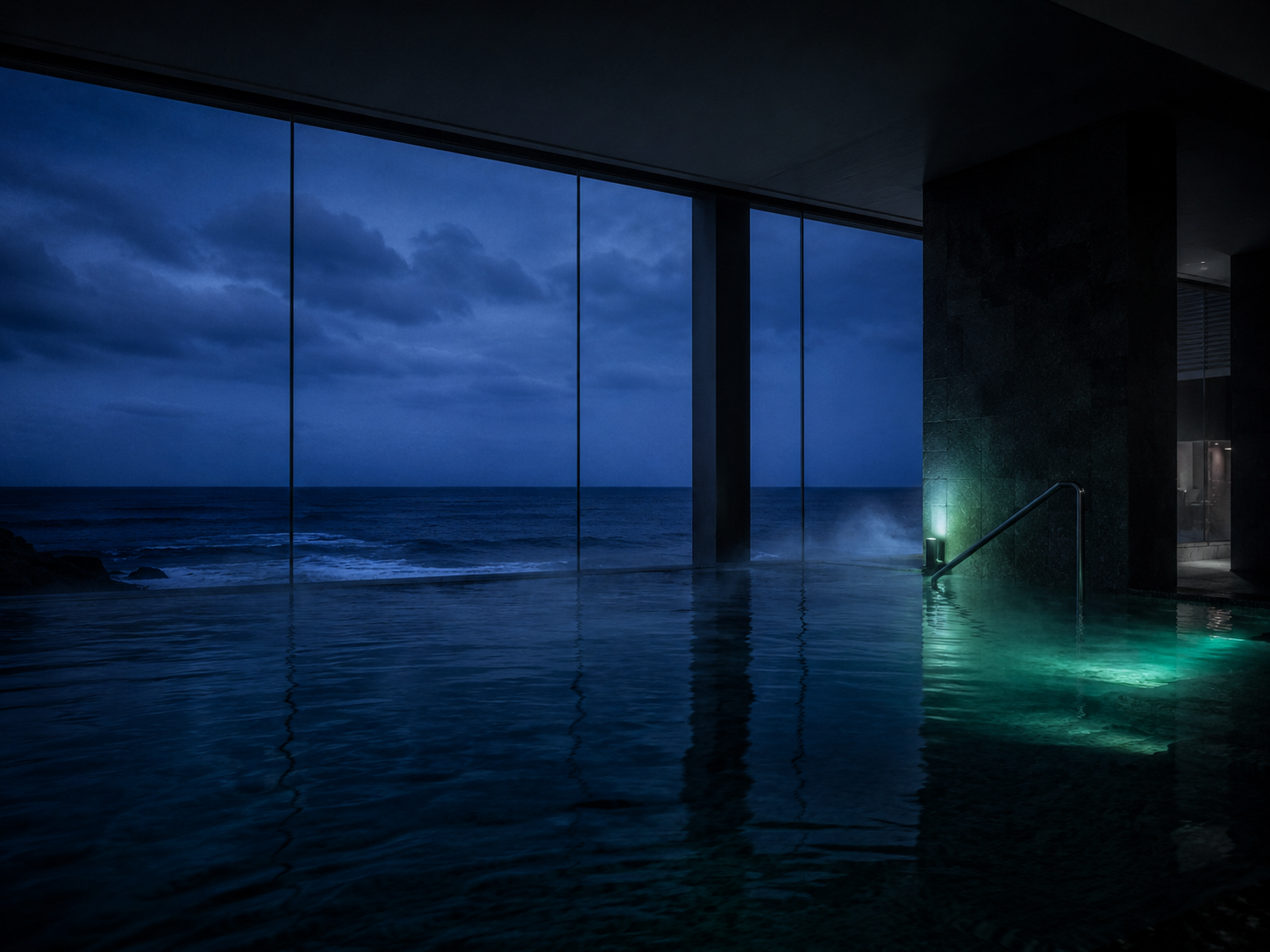 Piscina de agua de mar con vapor frente a un gran ventanal abierto al océano a la hora azul