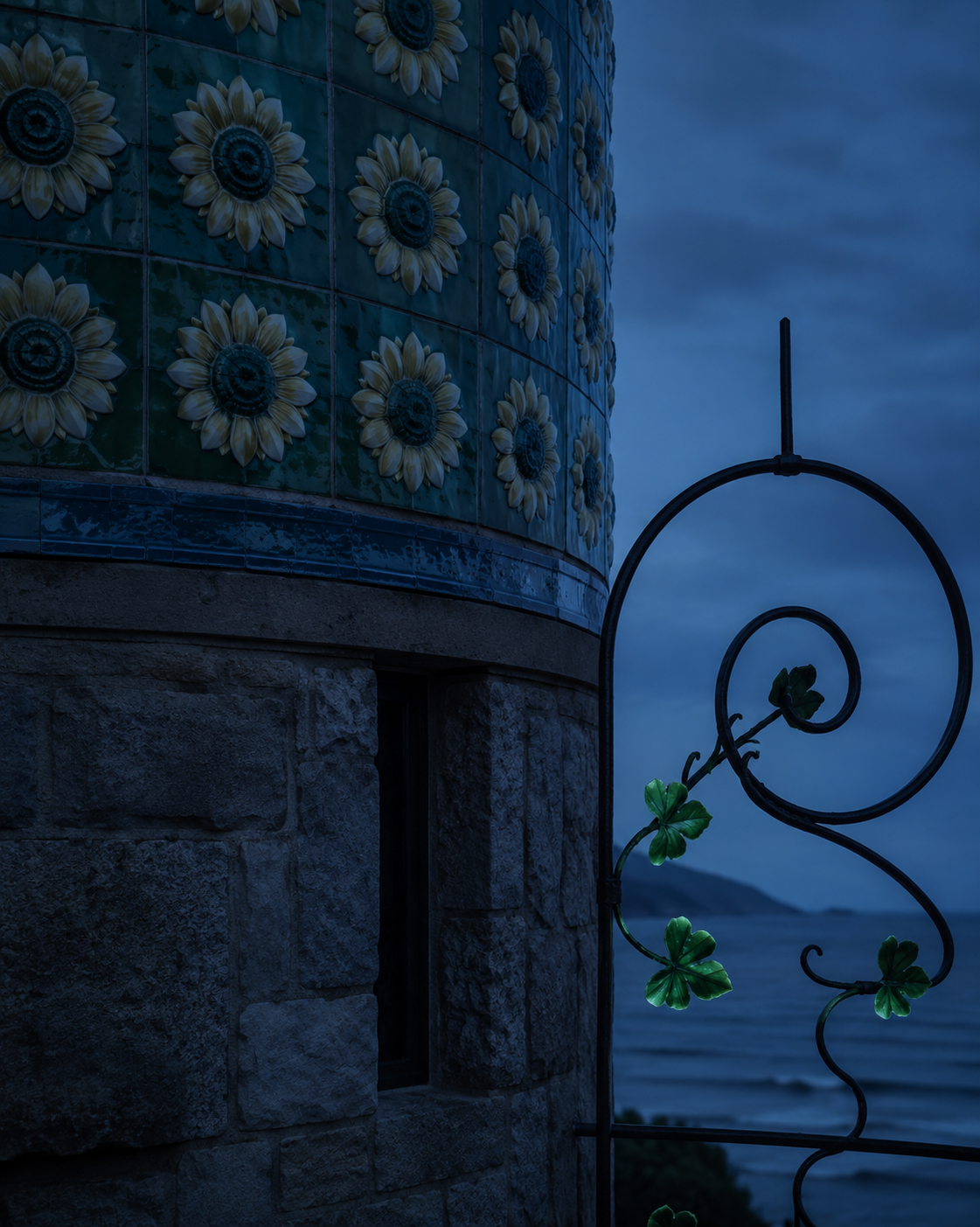 Detalle modernista de Comillas: cerámica de girasoles y forja sobre piedra a la hora azul