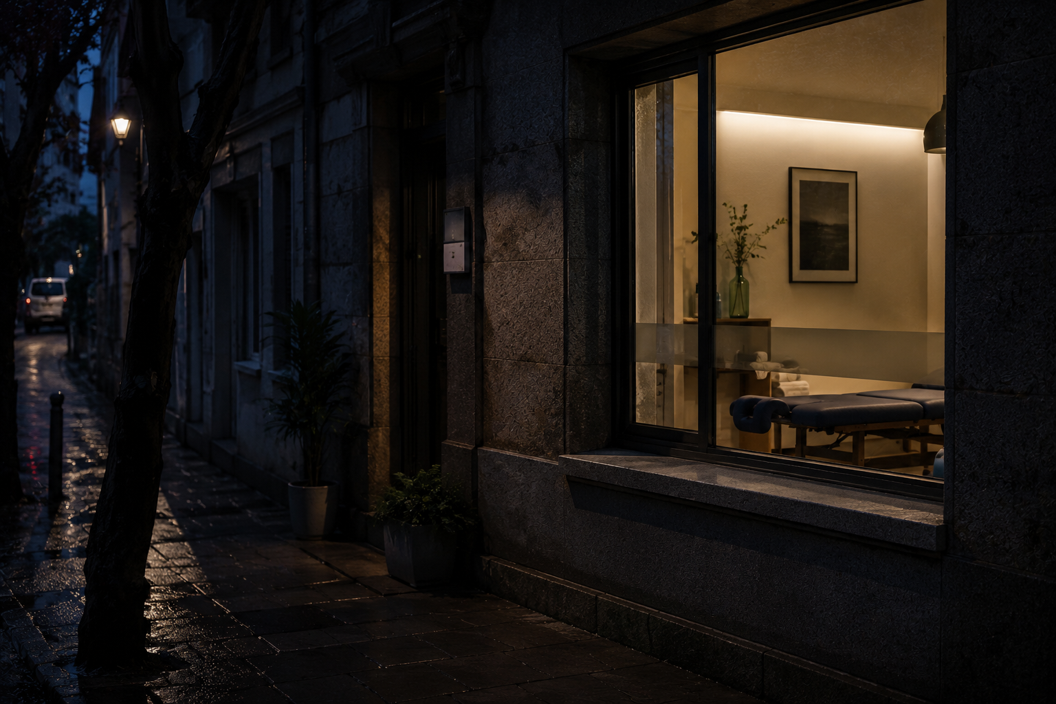 Exterior de una pequeña consulta de fisioterapia a pie de calle al anochecer