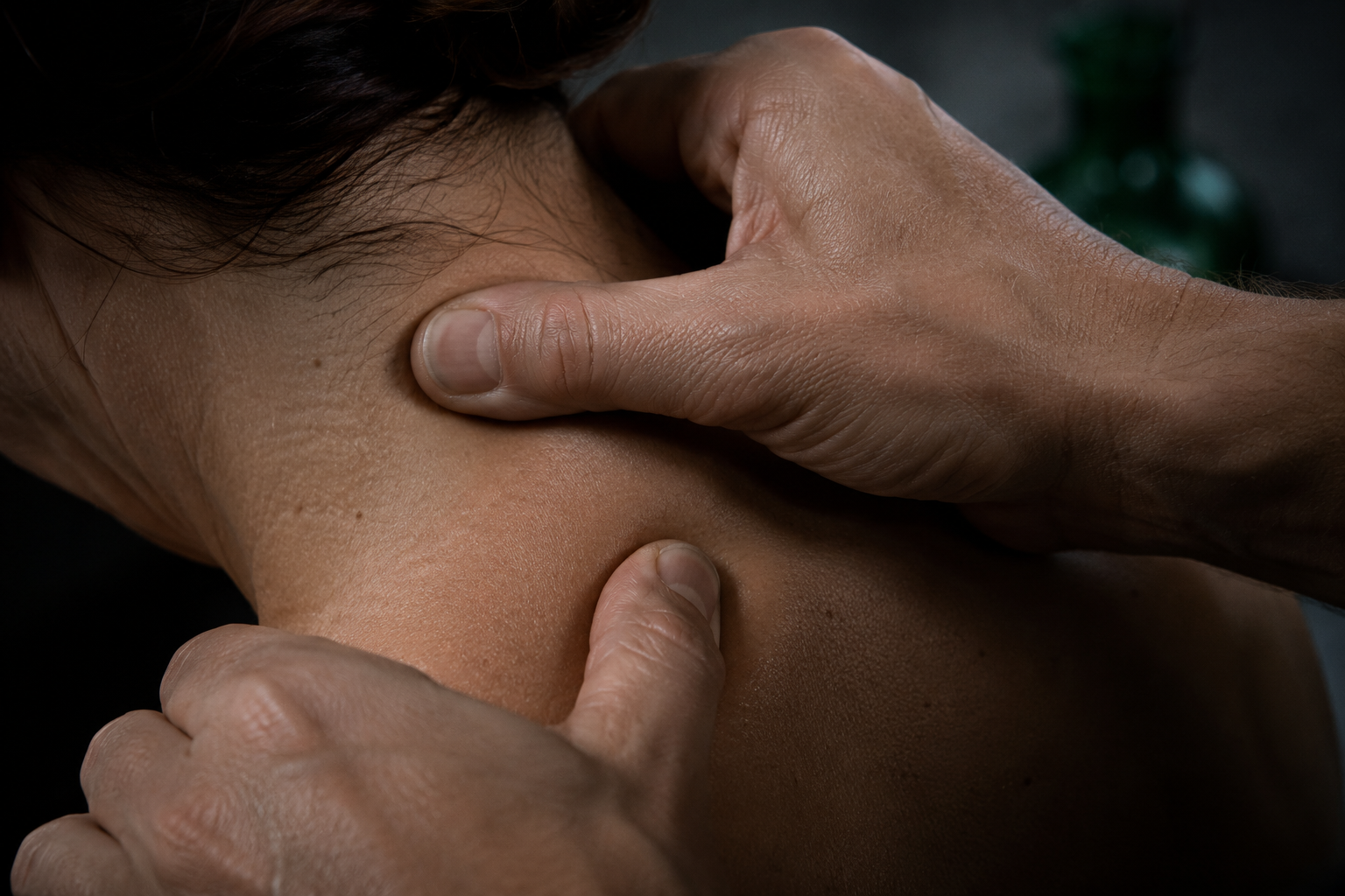 Detalle de las manos de un fisioterapeuta valorando el cuello de un paciente
