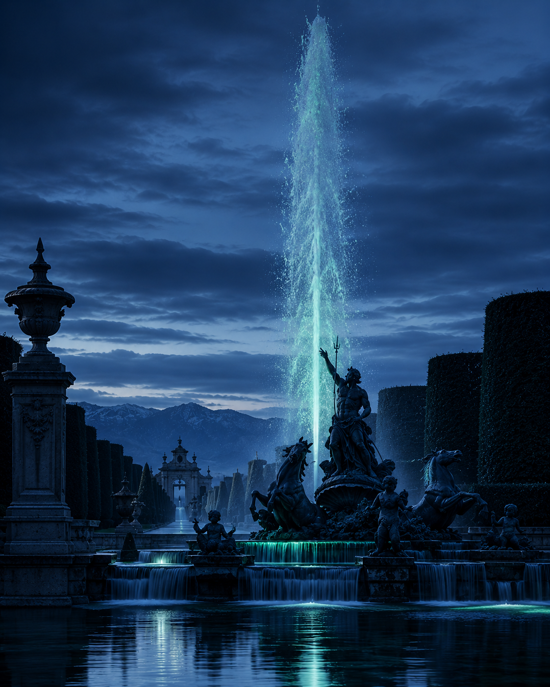 Fuente monumental de los jardines de La Granja con surtidor de agua y esculturas mitológicas a la hora azul