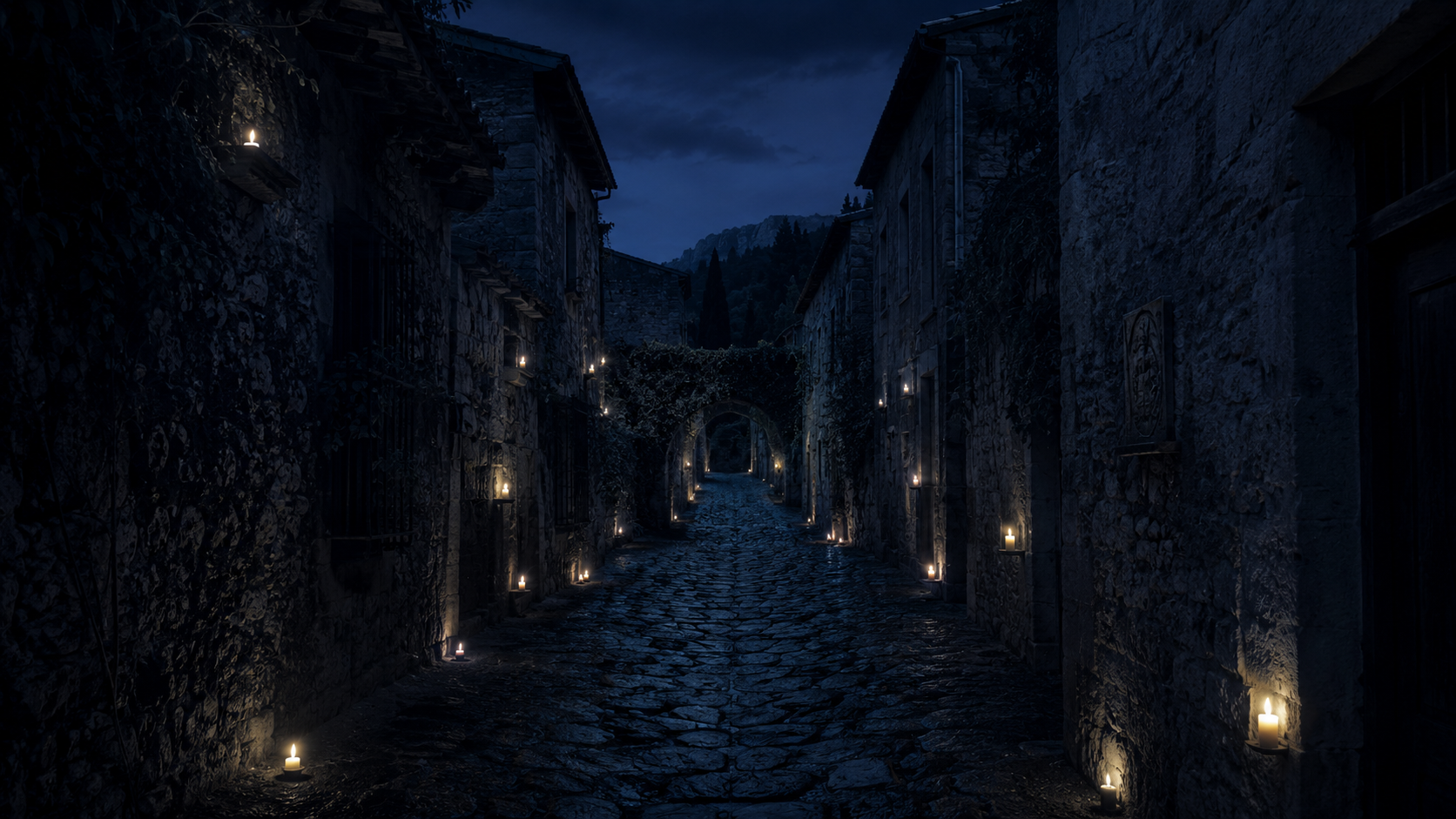 Calle empedrada de Pedraza entre casas de piedra iluminadas por velas en la noche