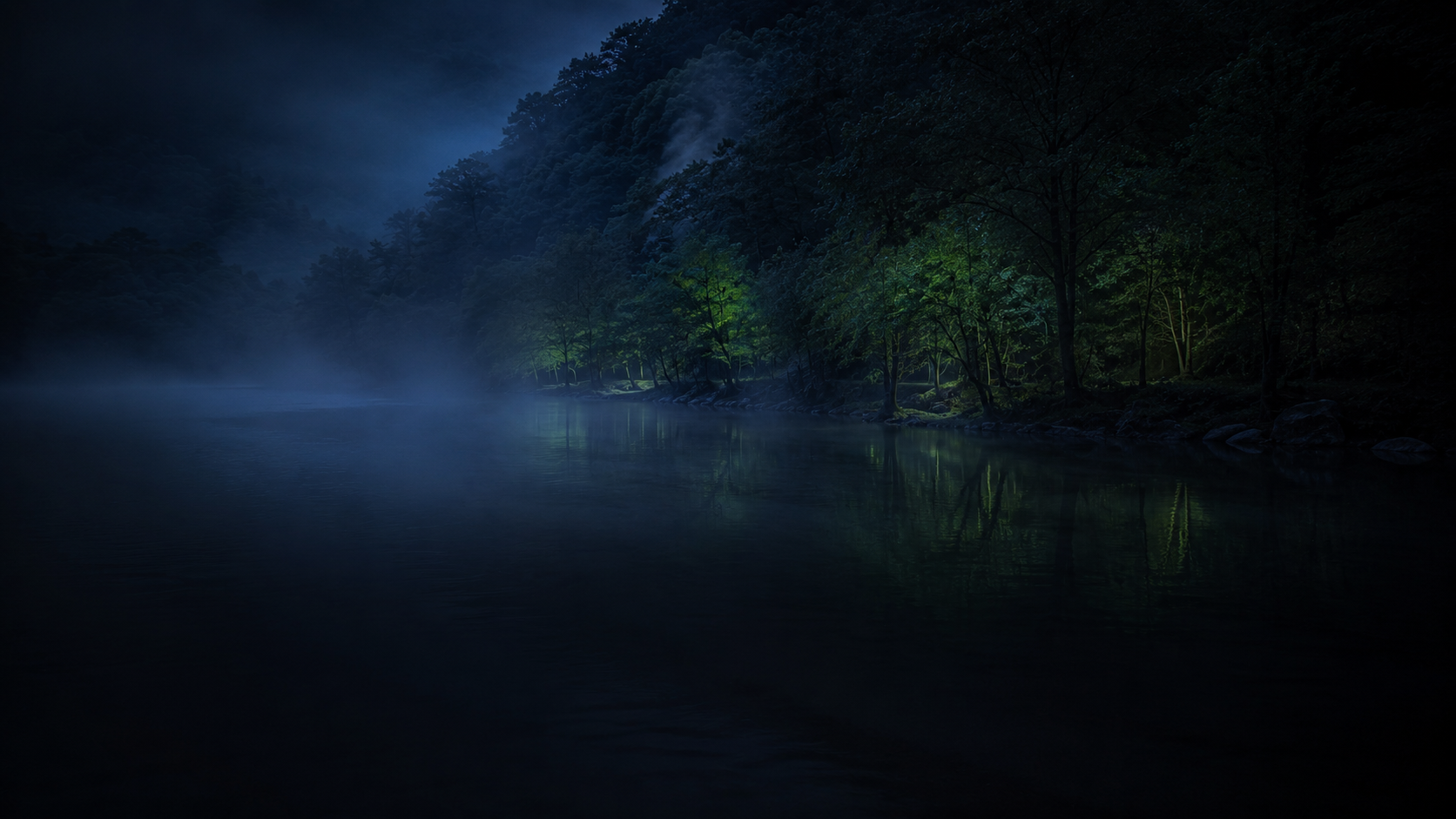 Paisaje de bienestar en penumbra azulada con vapor, identidad visual de Wellna