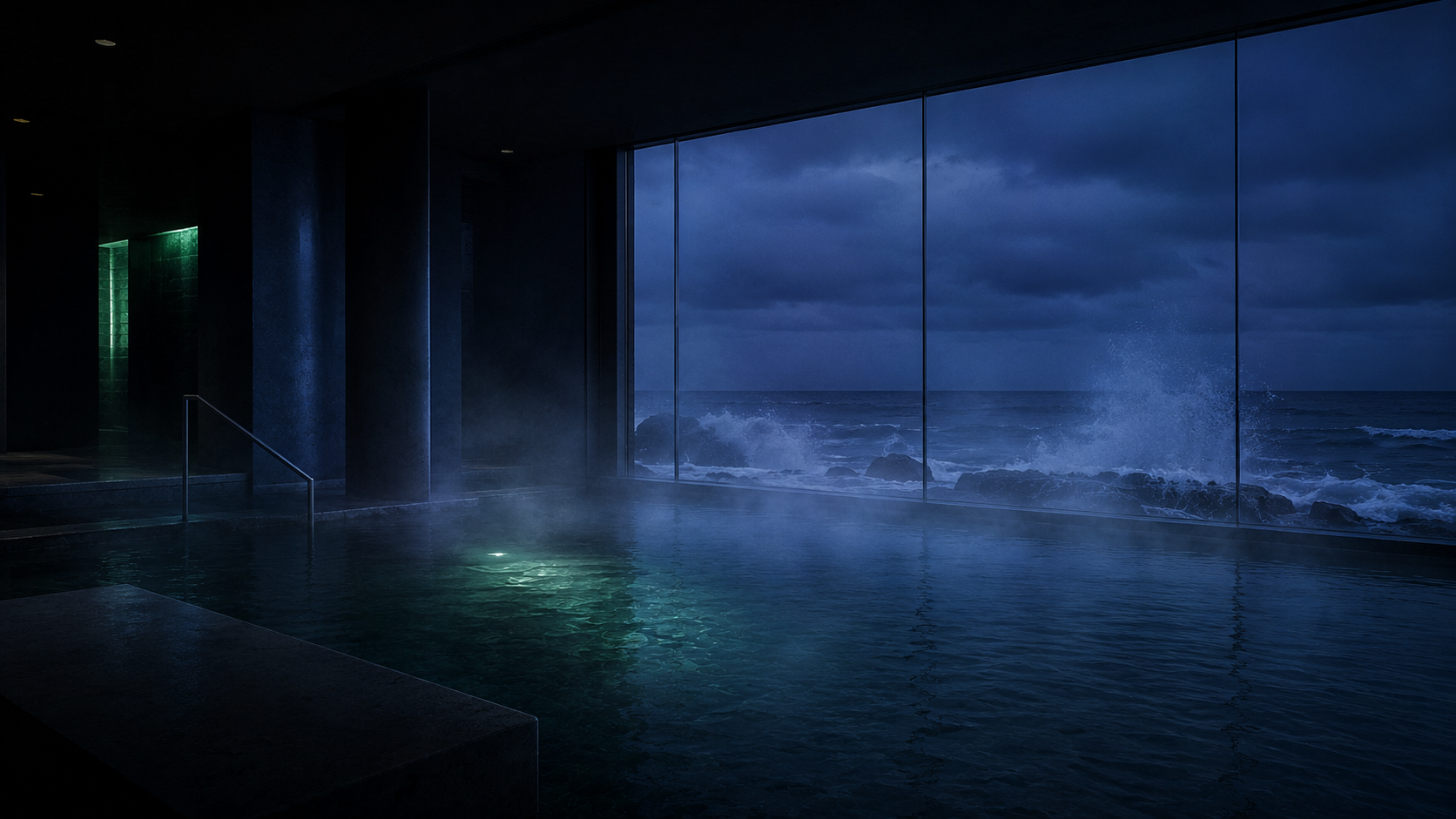 Piscina de agua de mar con vapor frente a un gran ventanal abierto al océano a la hora azul