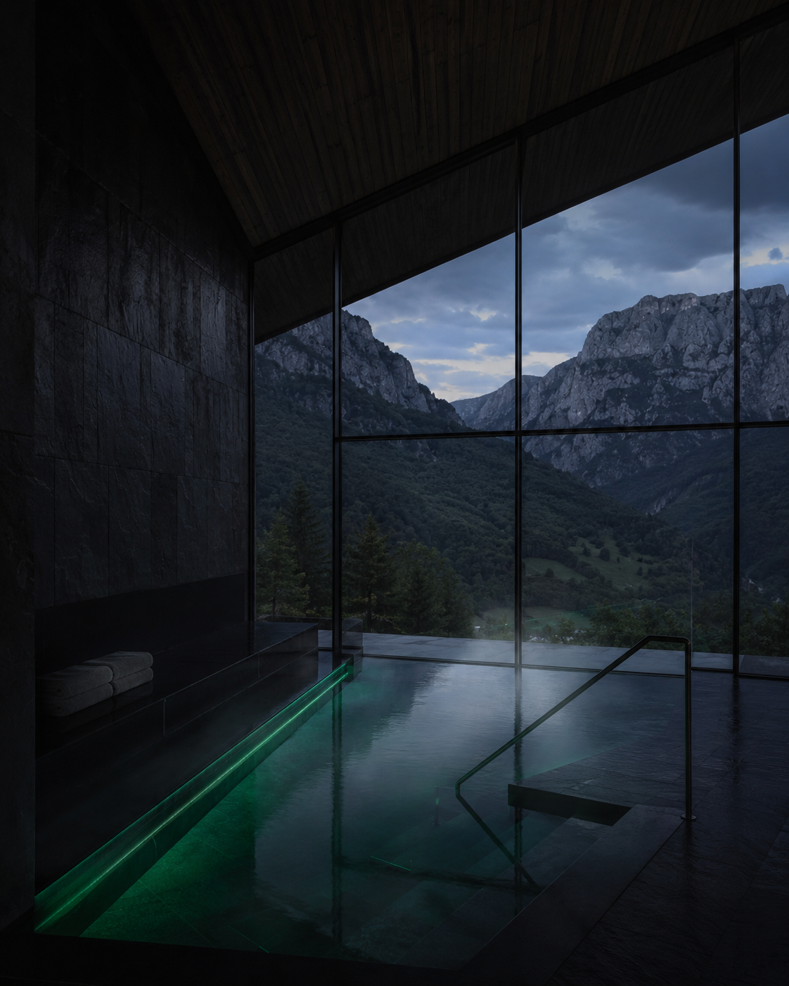 Interior de spa acristalado con piscina climatizada abierta al valle verde de los Picos de Europa al anochecer