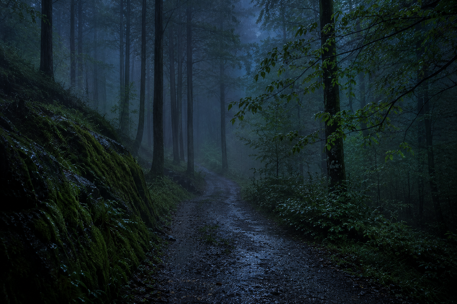 Un sendero de bosque bajo la lluvia fina, con niebla entre los árboles, a la hora azul