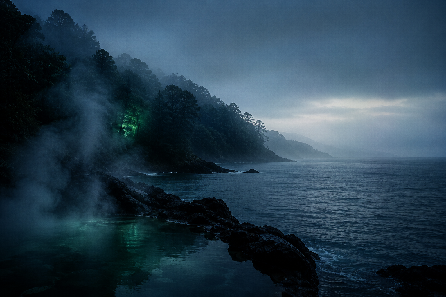 Composición de paisajes de bienestar de España: manantial, costa y bosque a la hora azul
