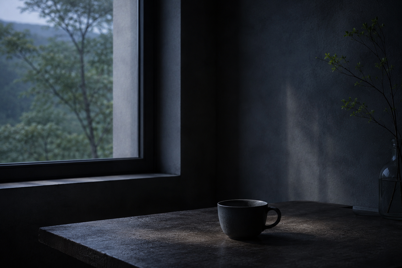 Una ventana con luz suave y una taza en reposo sobre una mesa, quietud doméstica a la hora azul