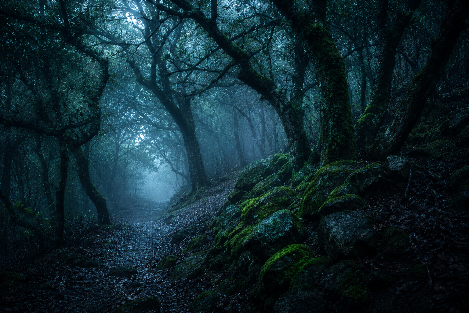 Bosque húmedo de robles con bruma y un sendero, paisaje del norte verde a la hora azul