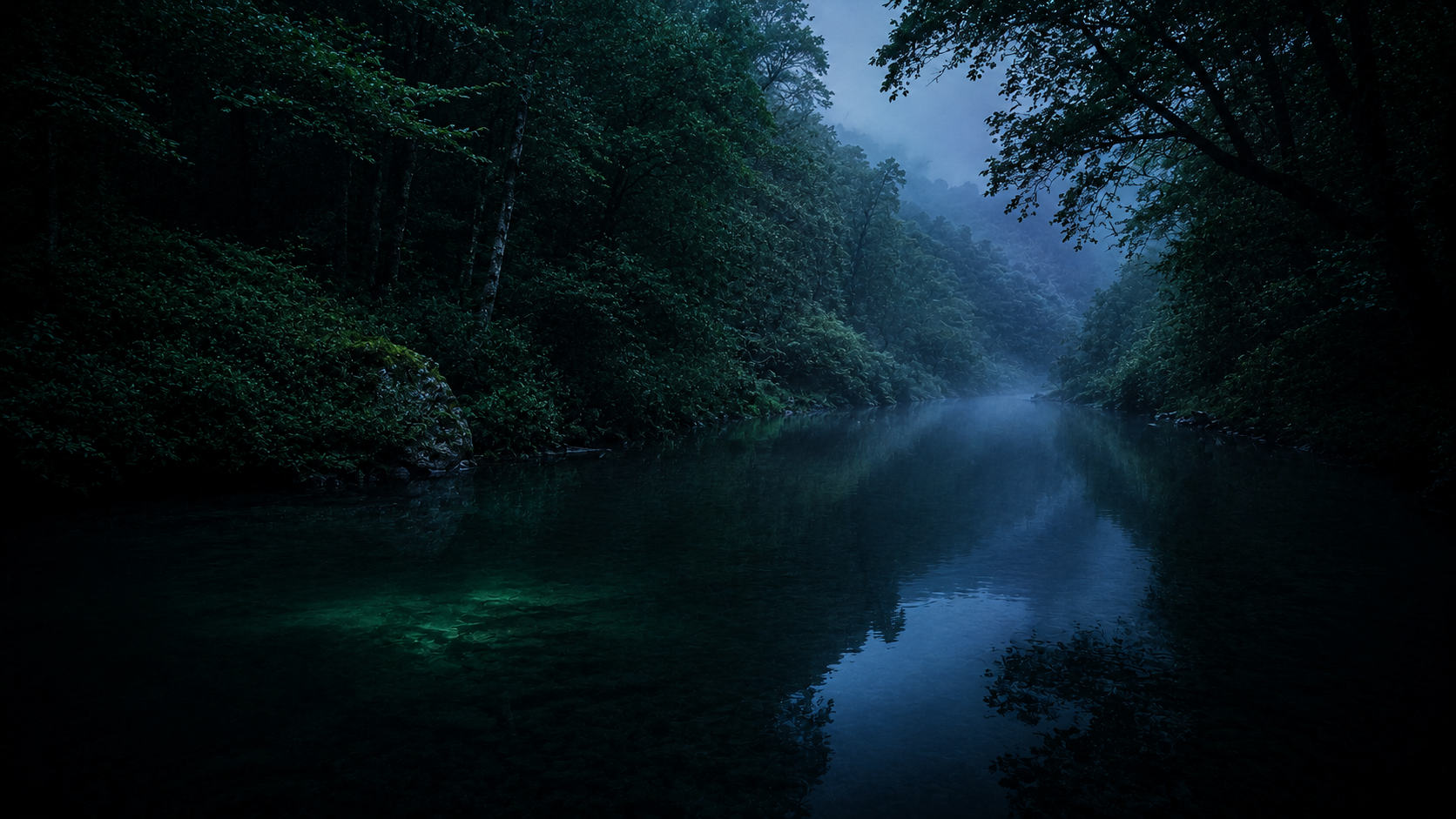 Río de aguas tranquilas entre bosque verde y bruma al anochecer en el norte de España