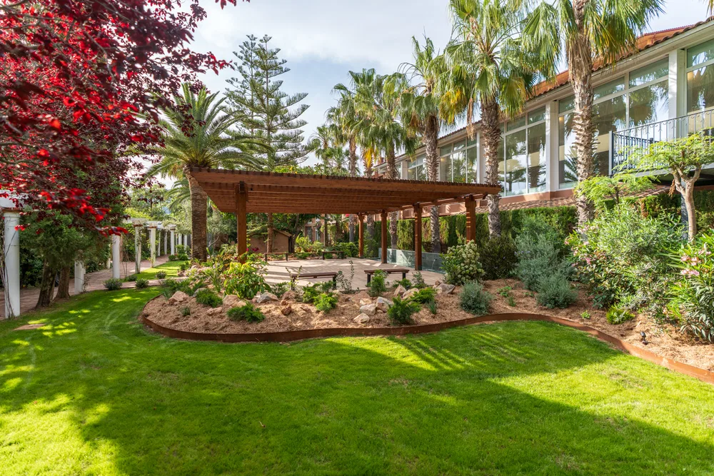 Jardín de Palasiet con pérgola de madera, palmeras y vegetación mediterránea junto al edificio acristalado