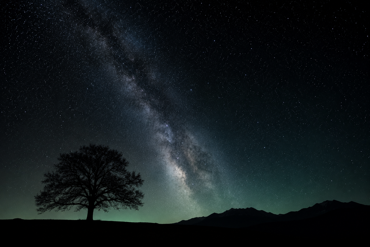 Un árbol solitario recortado contra un cielo cuajado de estrellas y la Vía Láctea