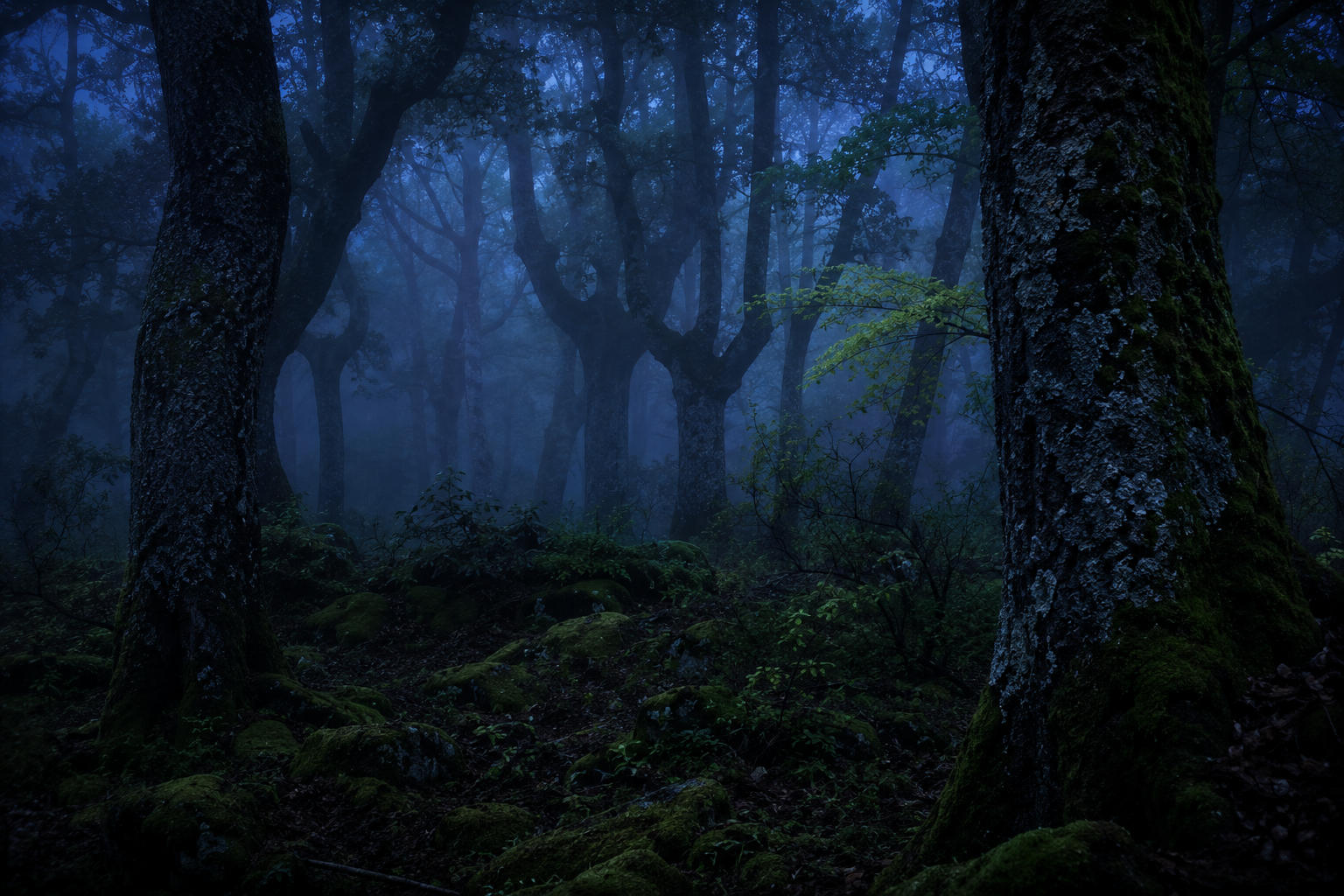 Troncos densos de un hayedo entre niebla a la hora azul, sin personas