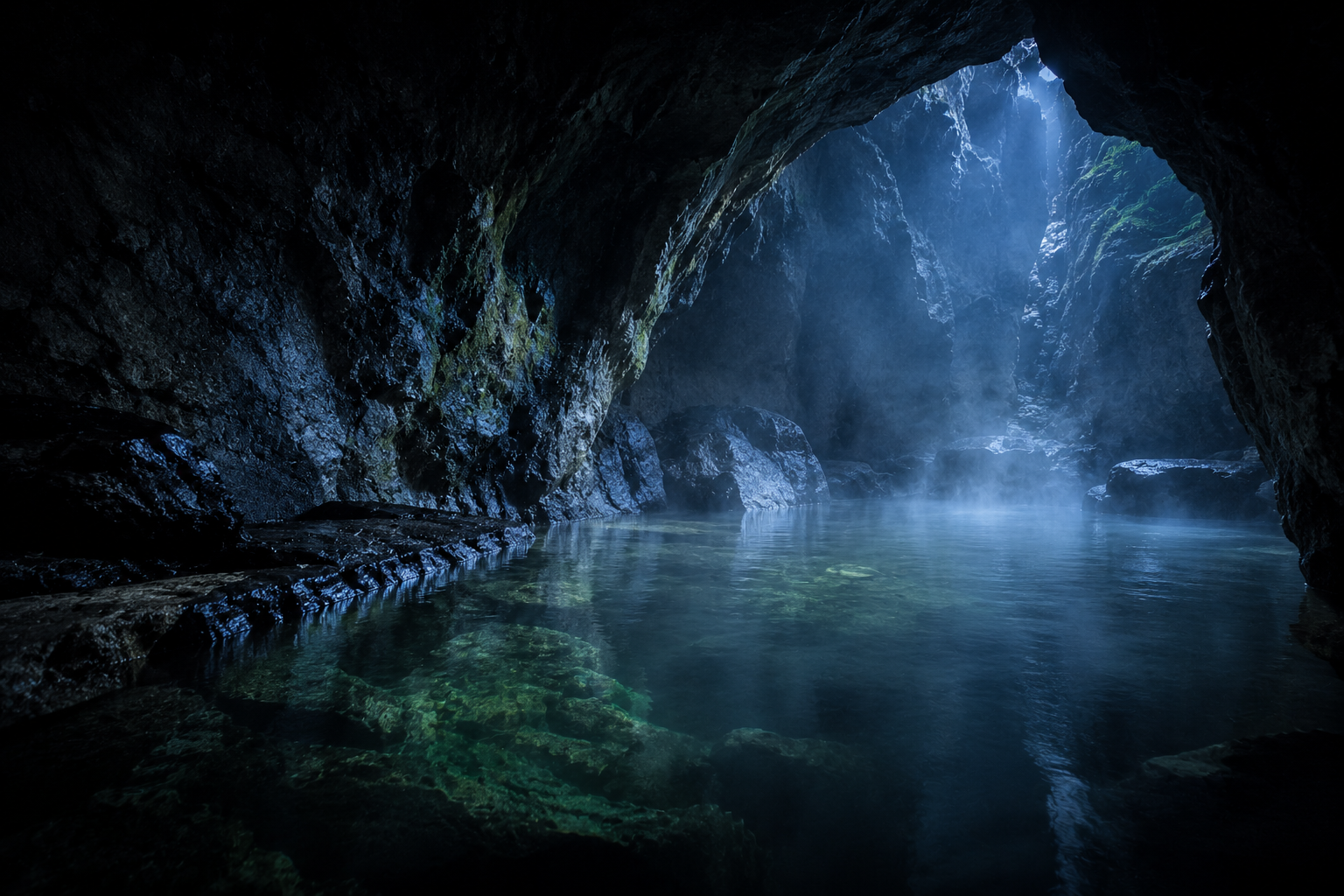 Interior de una cueva de roca con una lámina de agua humeante, iluminación tenue