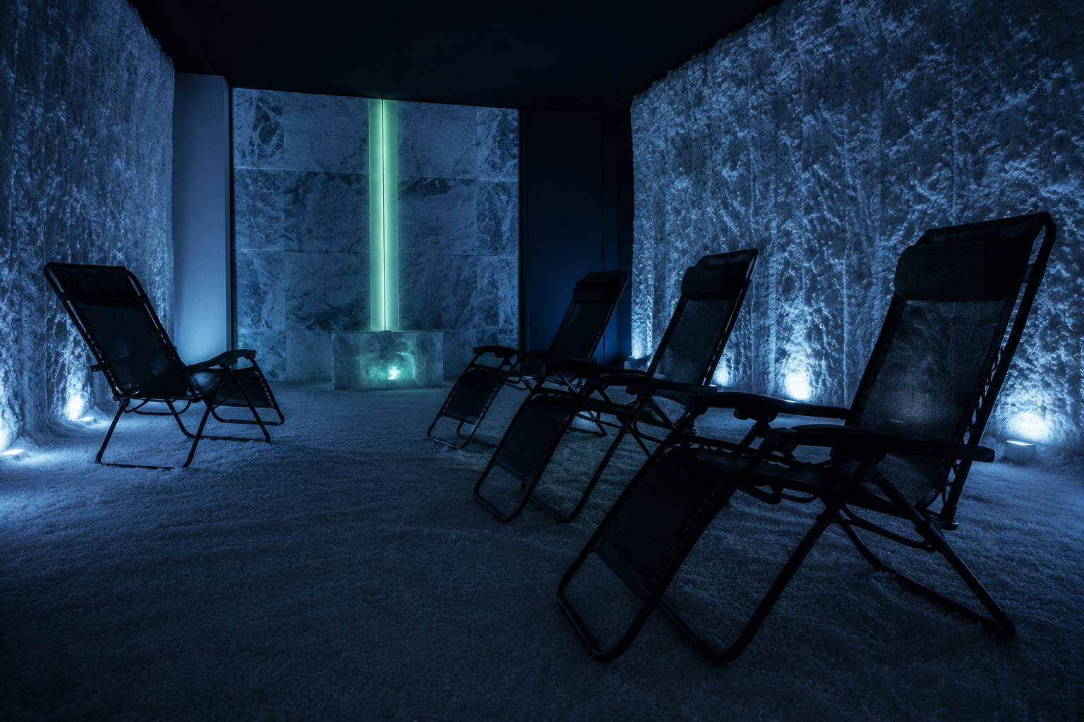 Sala de haloterapia de un spa con paredes y suelo cubiertos de sal en penumbra a la hora azul, sin nadie a la vista