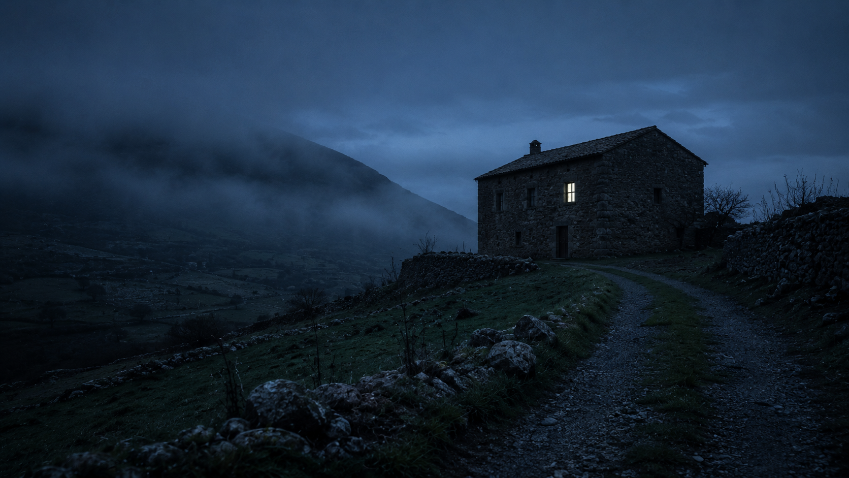 Casa rural solitaria sobre una ladera al anochecer, con niebla fría sobre los campos y una sola ventana encendida