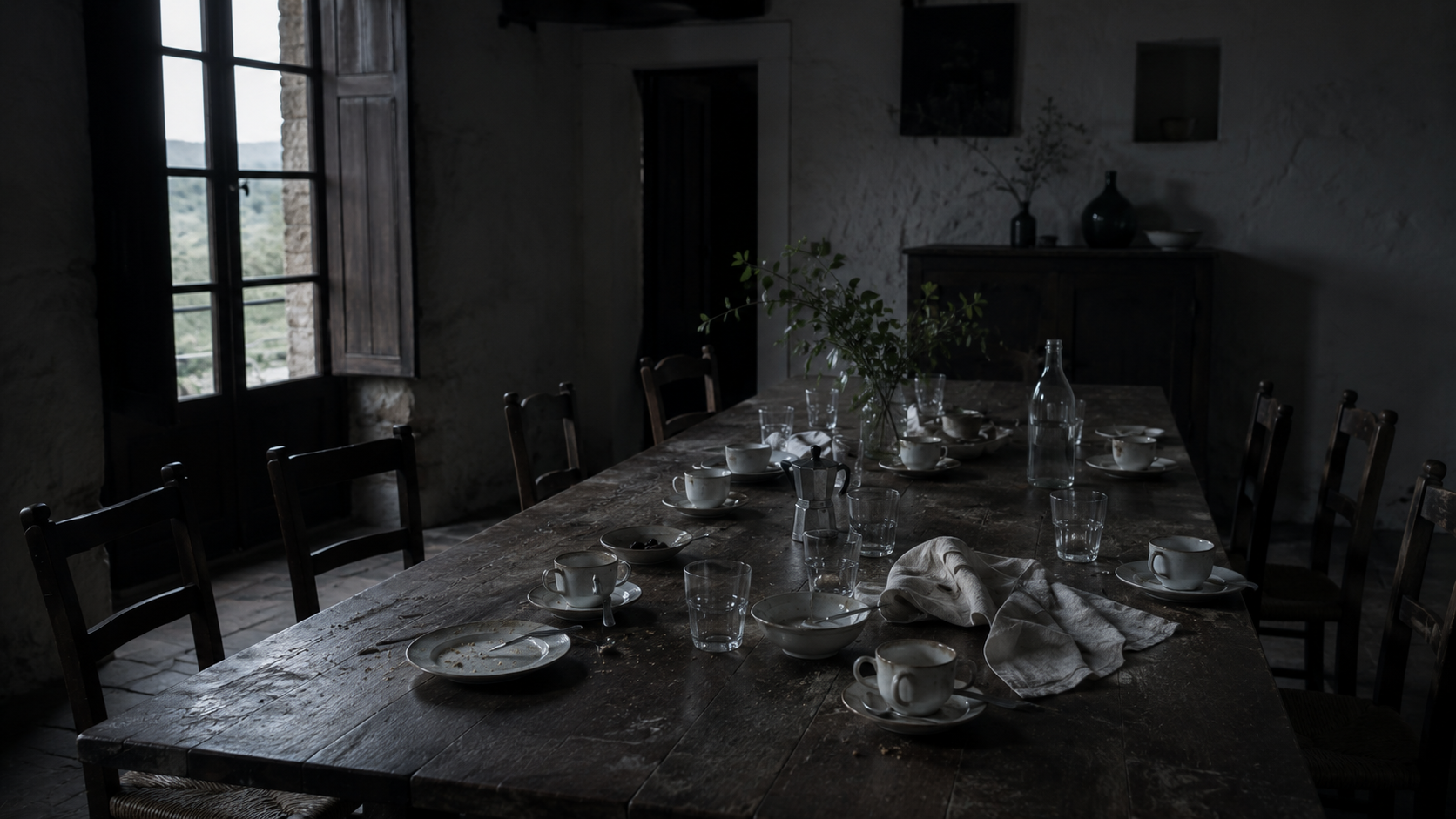 Sillas de madera vacías alrededor de una mesa larga la mañana después de una cena, con tazas de café a medias y luz fría de ventana