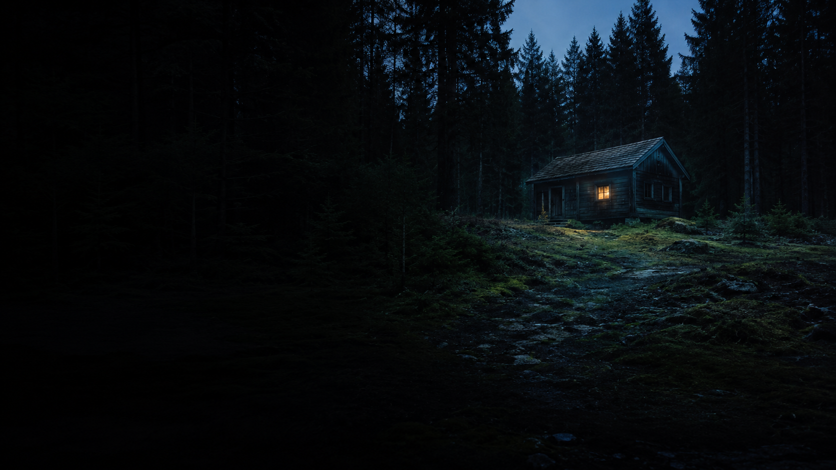 Cabaña de madera aislada en un claro del bosque a la hora azul, sin nadie a la vista