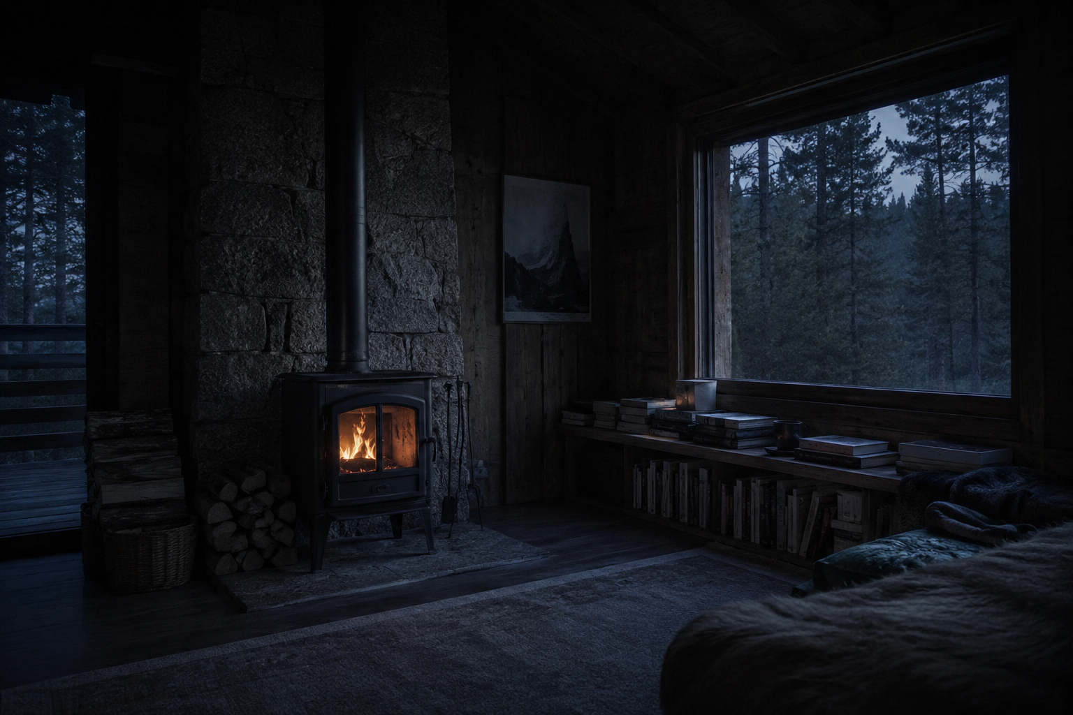 Interior cálido de una cabaña de madera con estufa de leña y libros a la hora azul, sin nadie a la vista