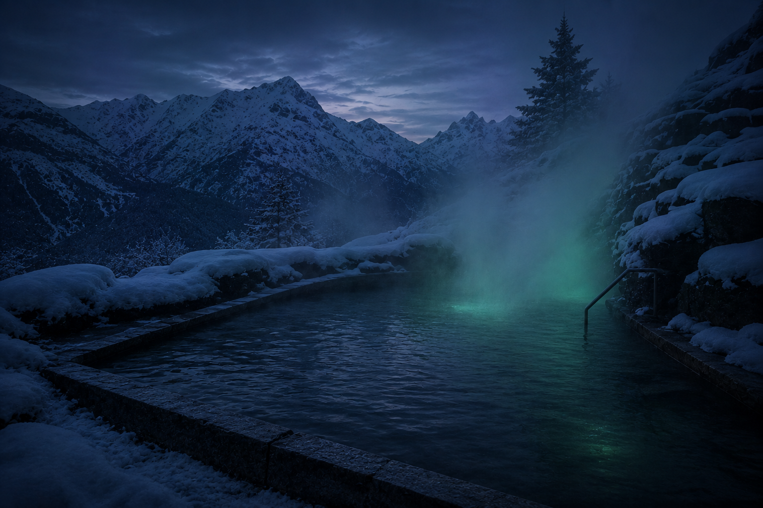 Piscina de agua termal humeante rodeada de nieve, con montañas al fondo a la hora azul