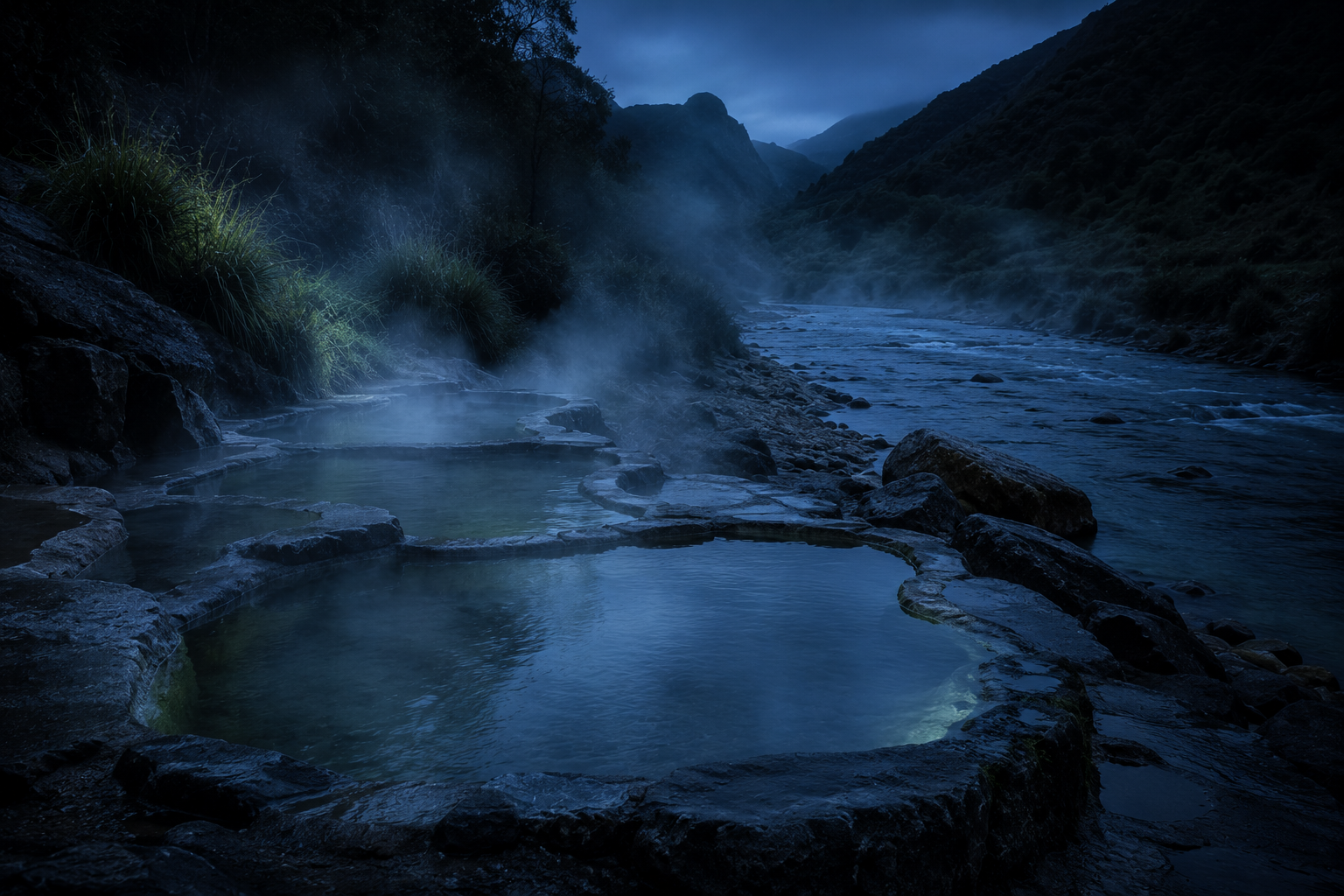 Pozas de piedra con agua humeante junto al cauce de un río, a la hora azul