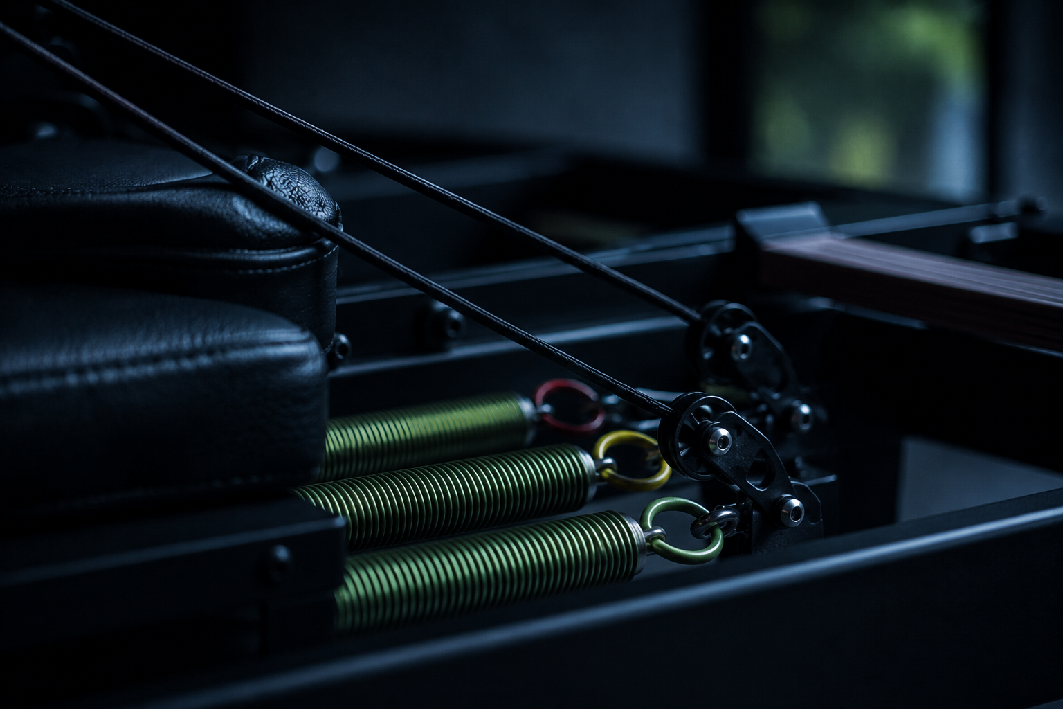 Detalle de los muelles de colores y las poleas de una máquina de pilates reformer