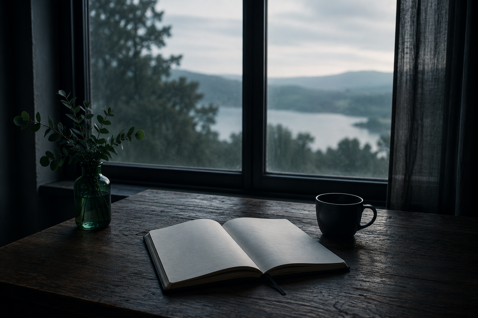 Una mesa junto a una ventana con un cuaderno abierto y una taza, luz suave de mañana