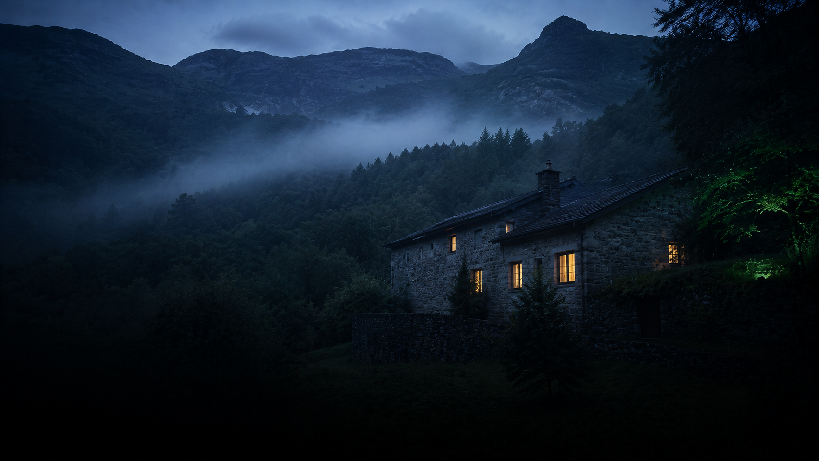Casa de retiro rodeada de bosque y montaña en España a la hora azul