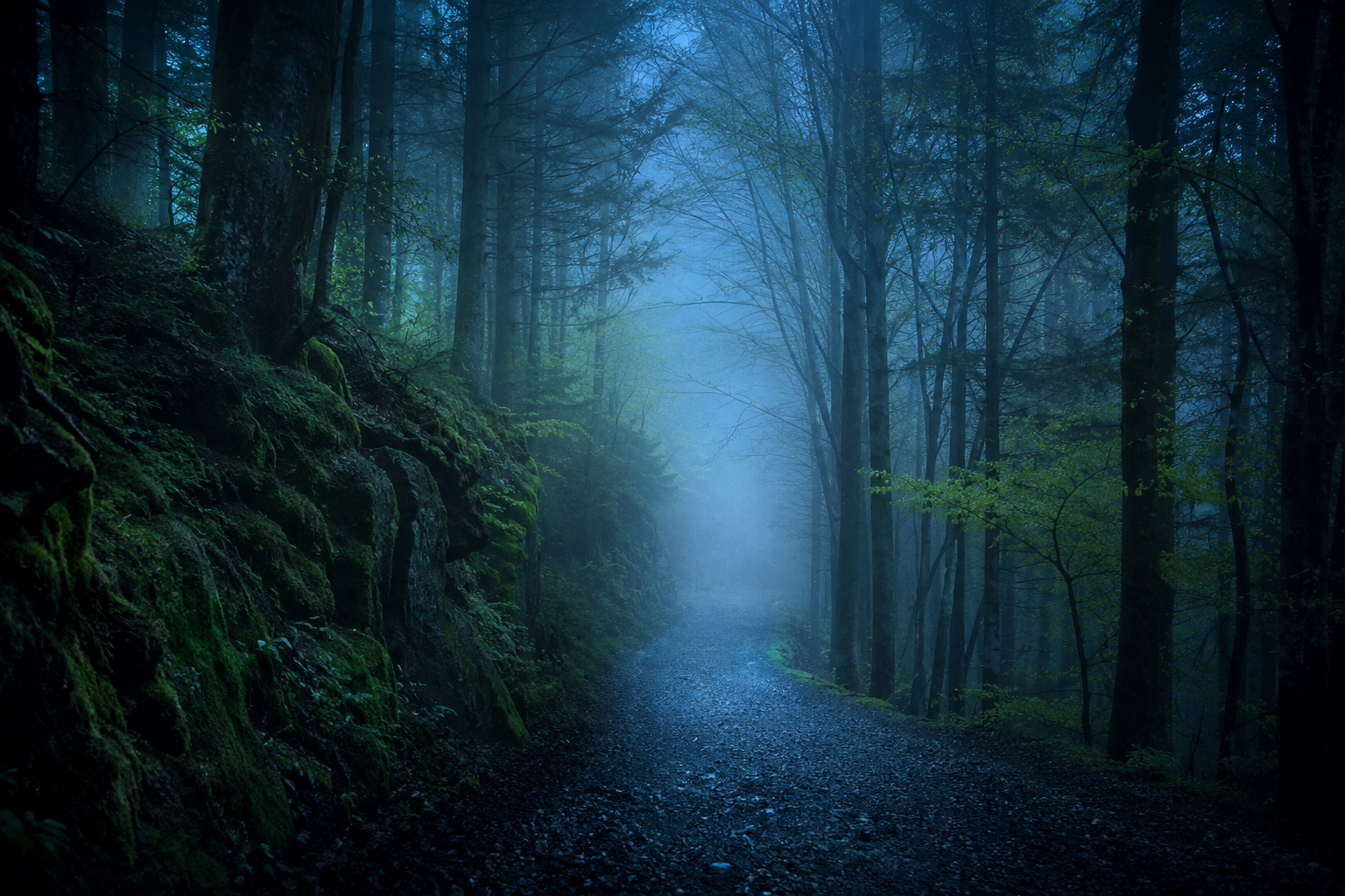 Sendero de bosque en calma entre la niebla a la hora azul, sin nadie a la vista