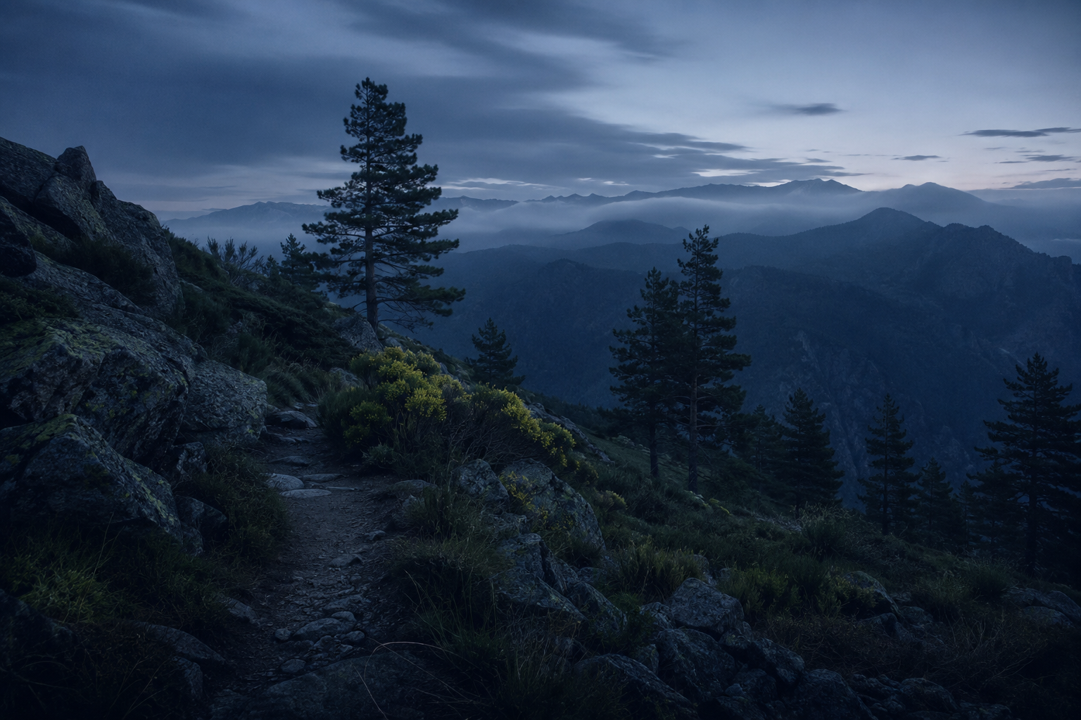 Sendero entre montañas de la sierra de Gredos al amanecer a la hora azul, sin nadie a la vista