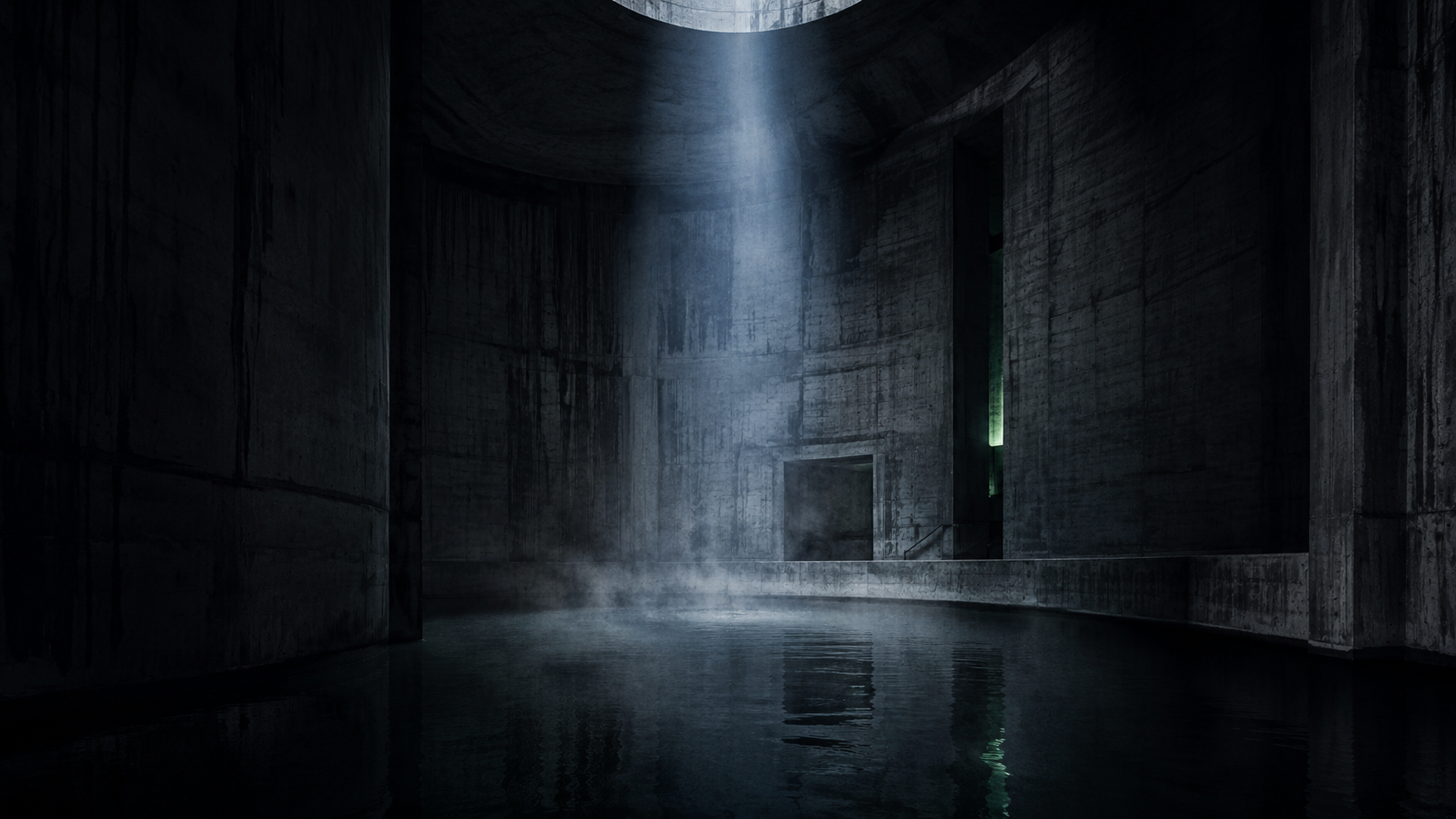 Interior de un silo de grano rehabilitado como centro termal, con piscina de agua y luz fría