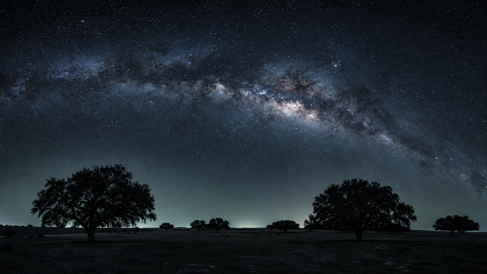 Vía Láctea sobre la silueta de las encinas de la dehesa de Los Pedroches, cielo Starlight